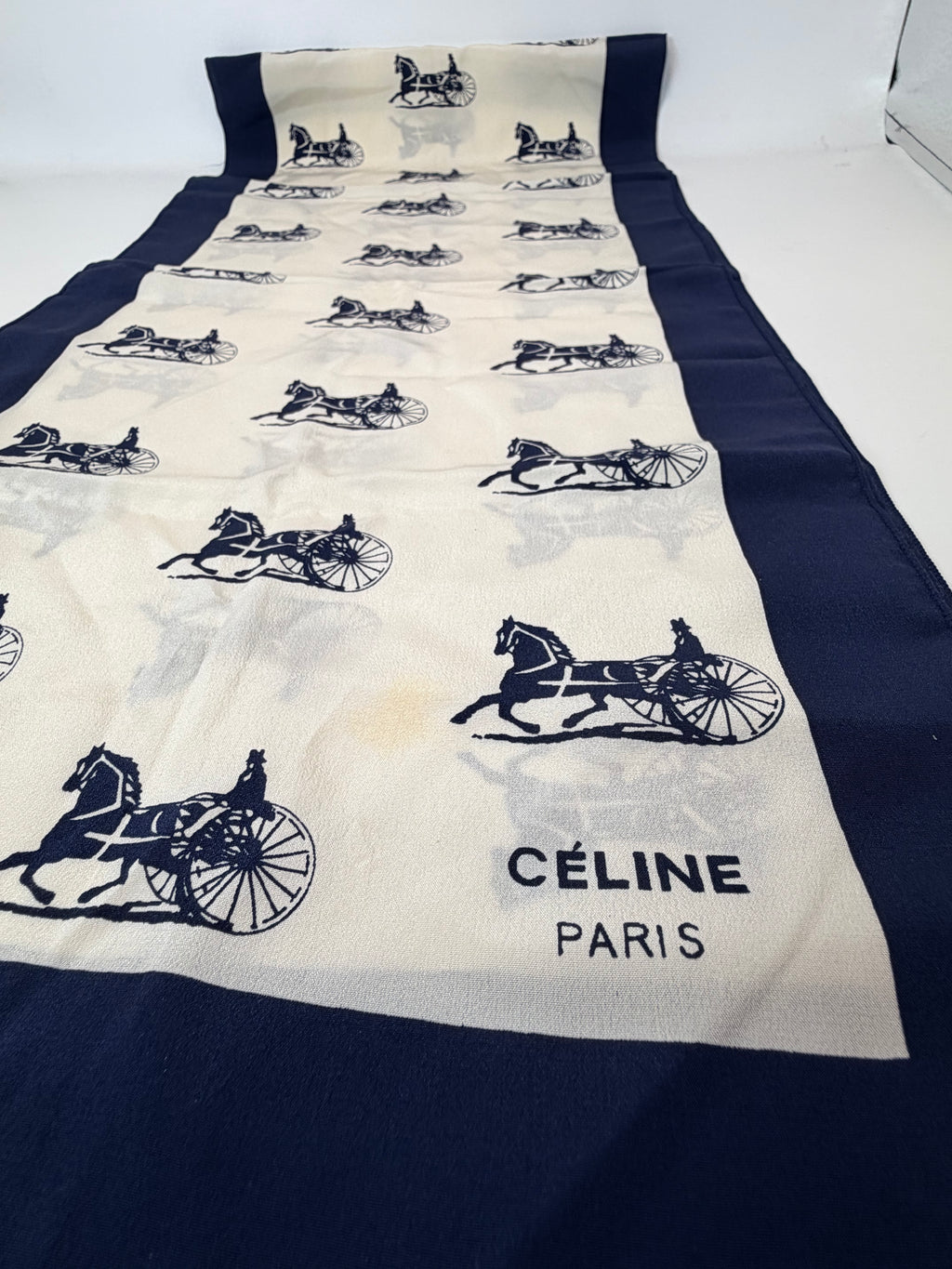 CELINE Vintage Long Silk Scarf – “Carriage Parade”
