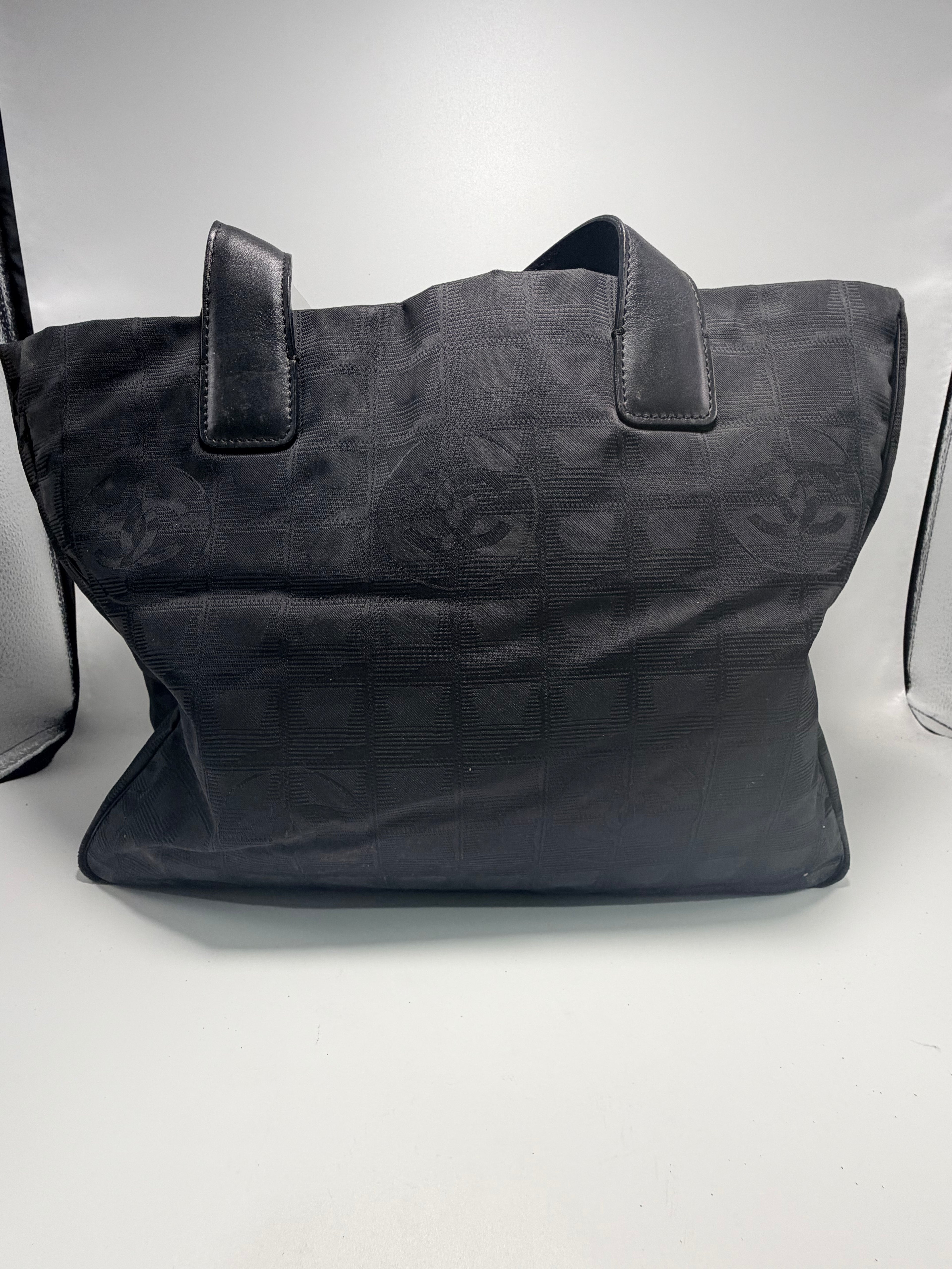 Chanel Travel Line Tote – Black Nylon Jacquard with Leather Handles