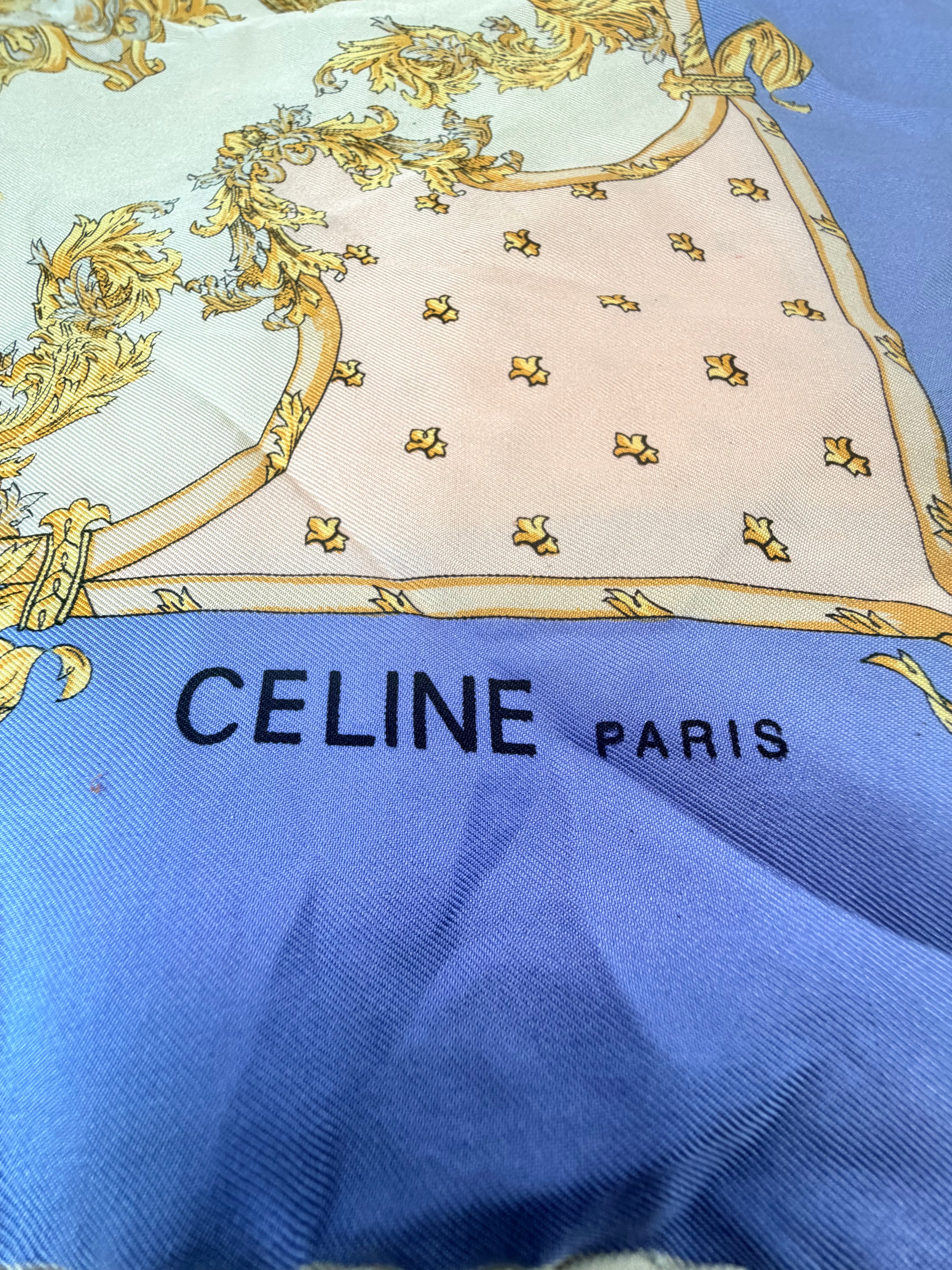 Vintage Celine Paris Silk Scarf – Blue & Gold Baroque Print