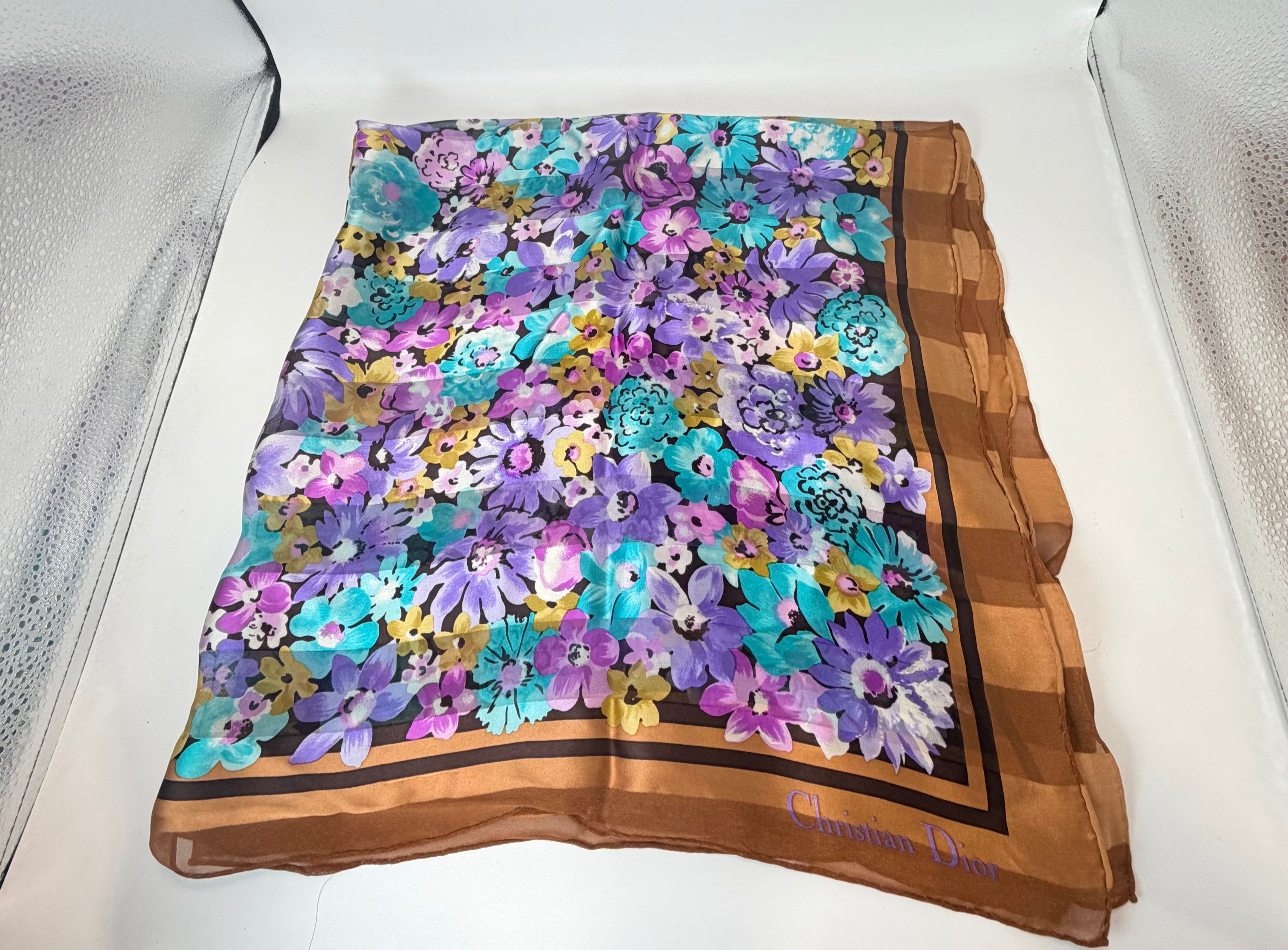 Christian Dior Floral Silk Scarf — Brown, Purple & Teal