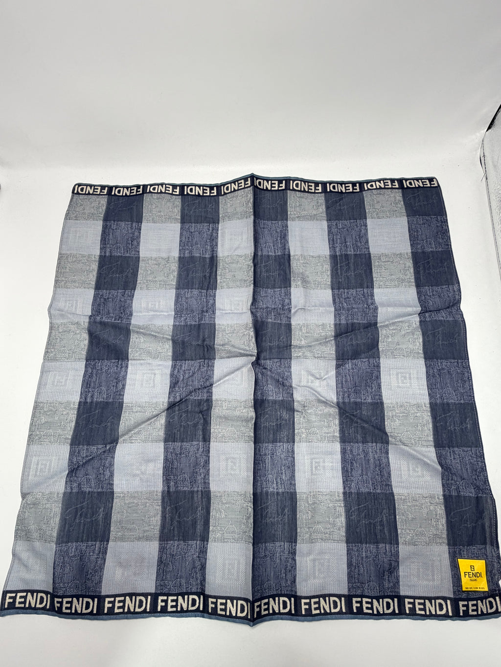 FENDI Vintage FF Logo Check Scarf – Navy, Slate Blue & Silver Grey