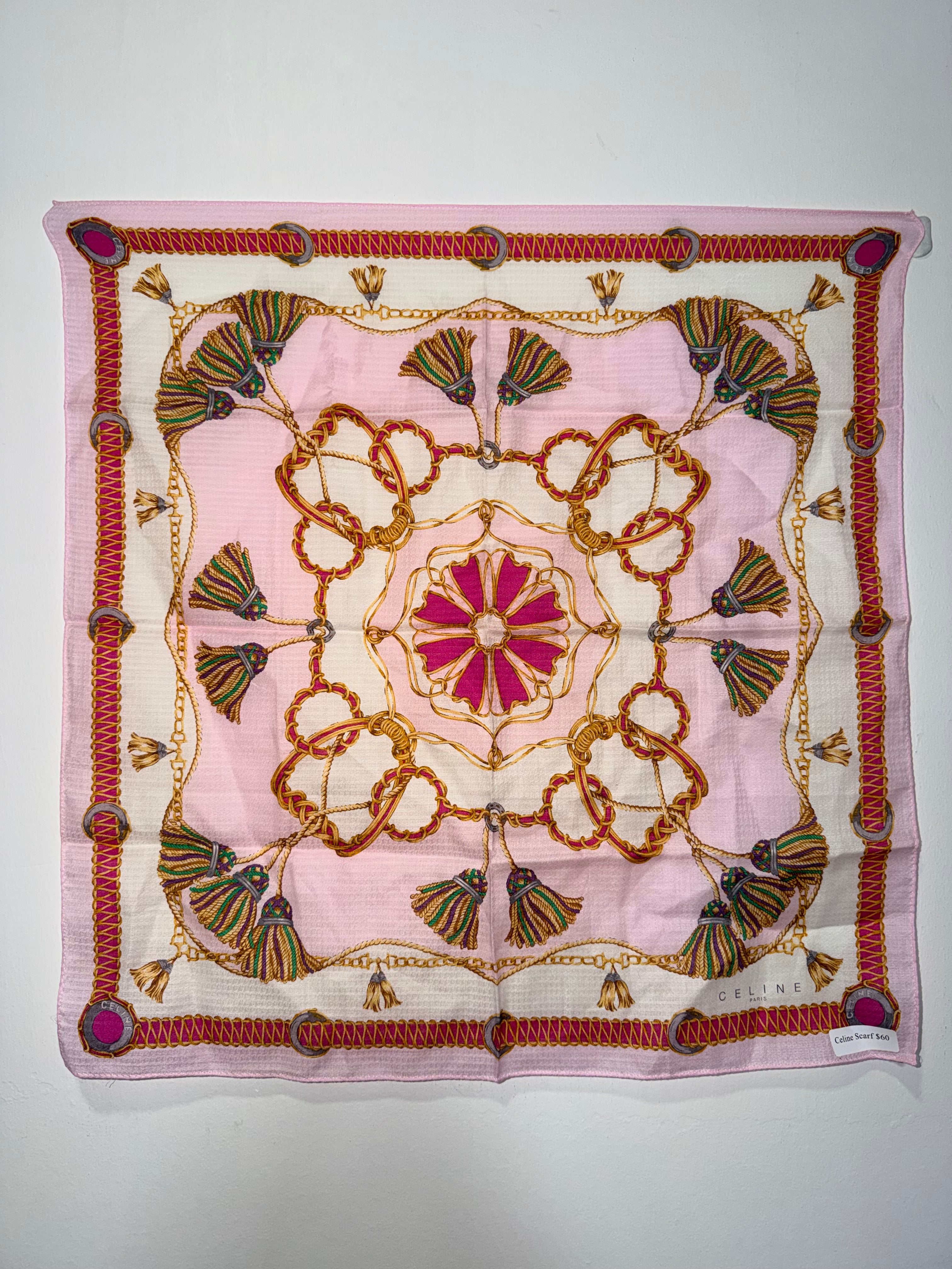 Céline Paris Silk Handkerchief Scarf in Pink Tassel & Chain Print