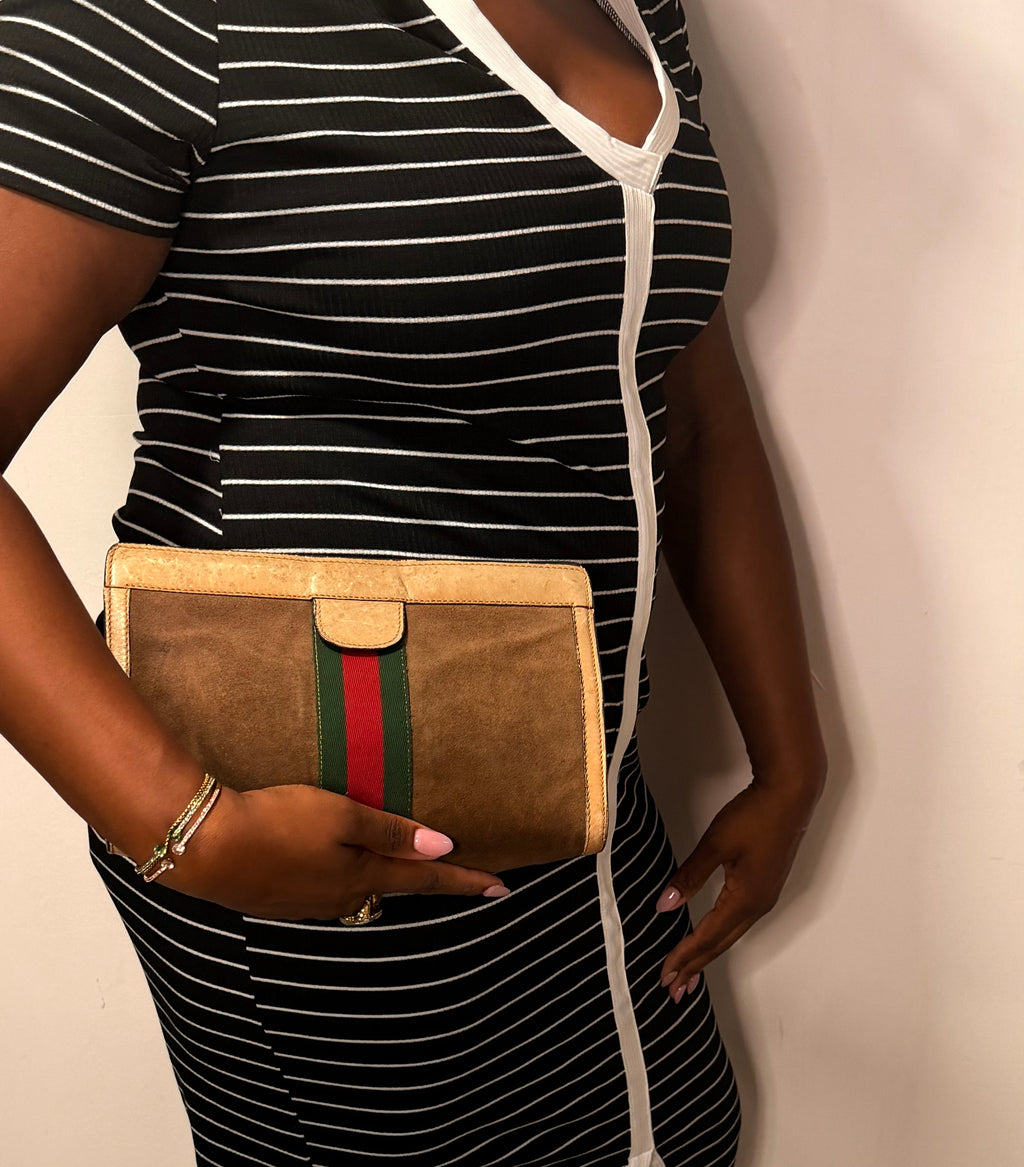 Gucci Web Stripe Suede Clutch