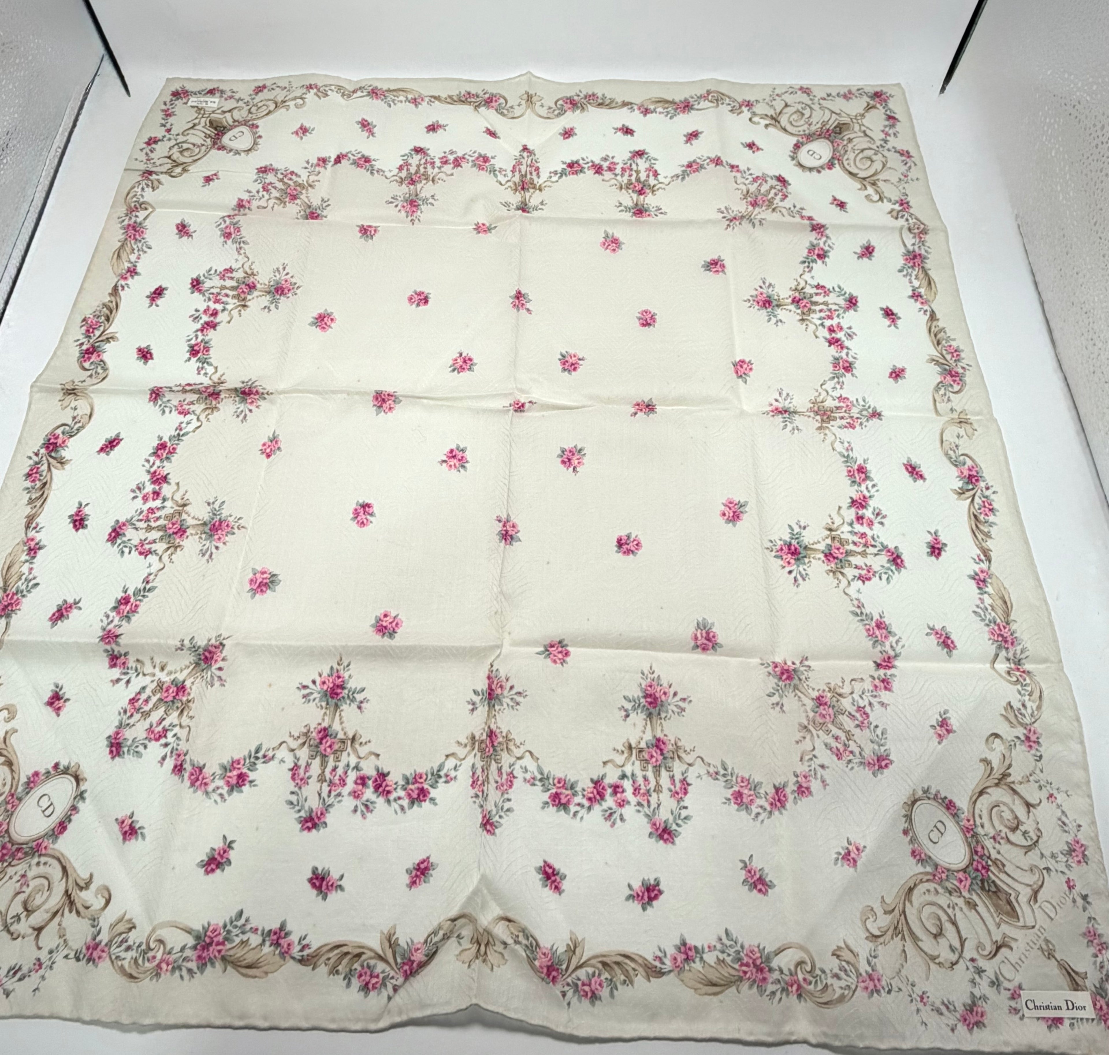 Vintage Christian Dior “Floral Medallion” Cotton Scarf – Ivory & Pink
