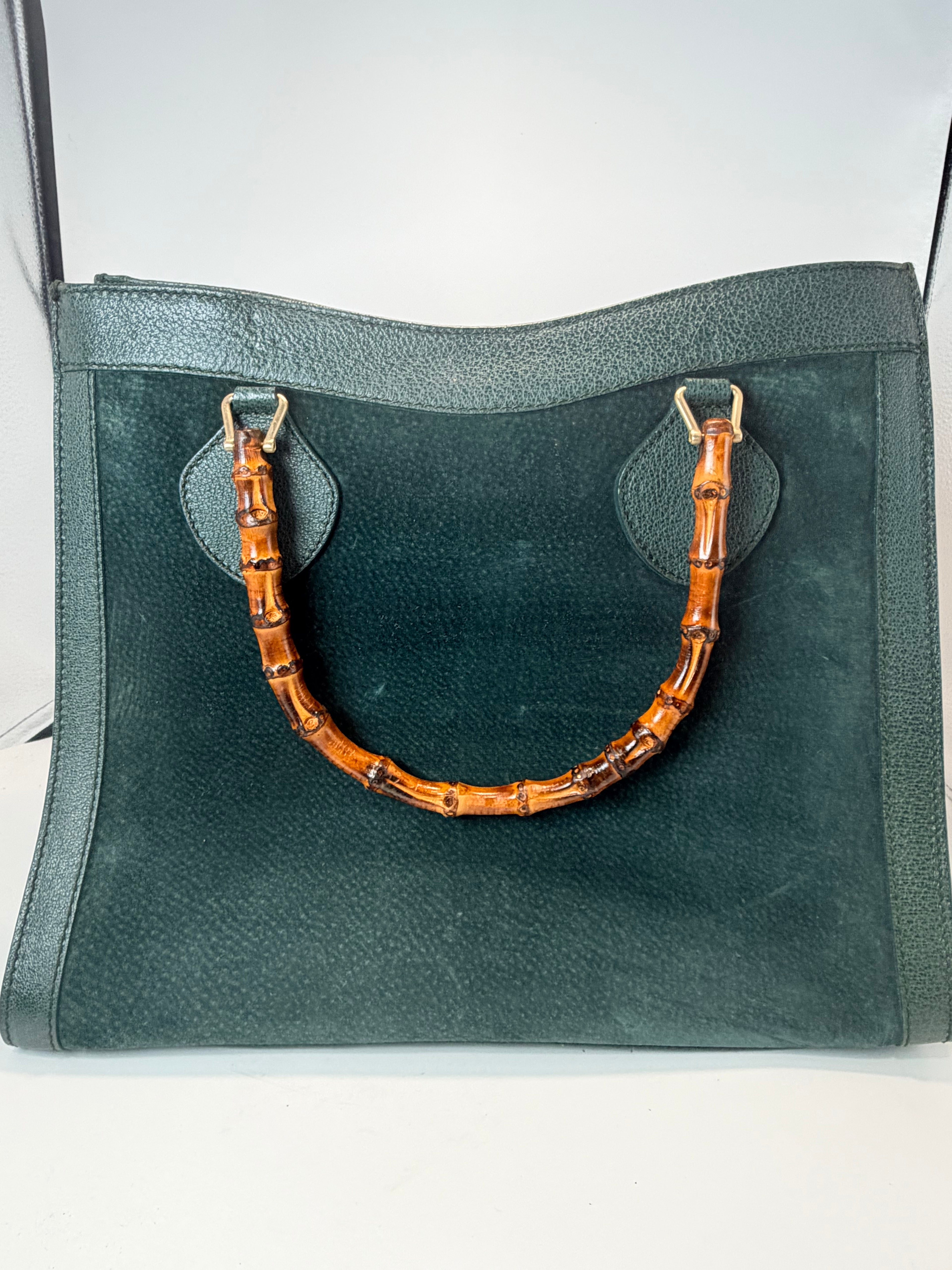 Gucci Bamboo Handle Suede & Leather Tote Bag – Green