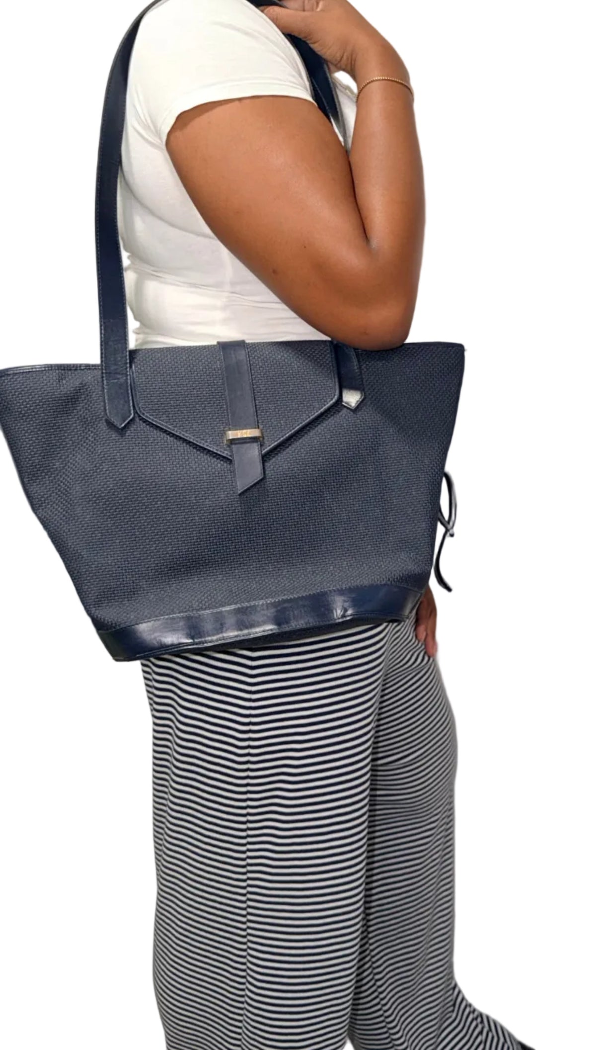 YSL Navy Woven Shoulder Tote Bag