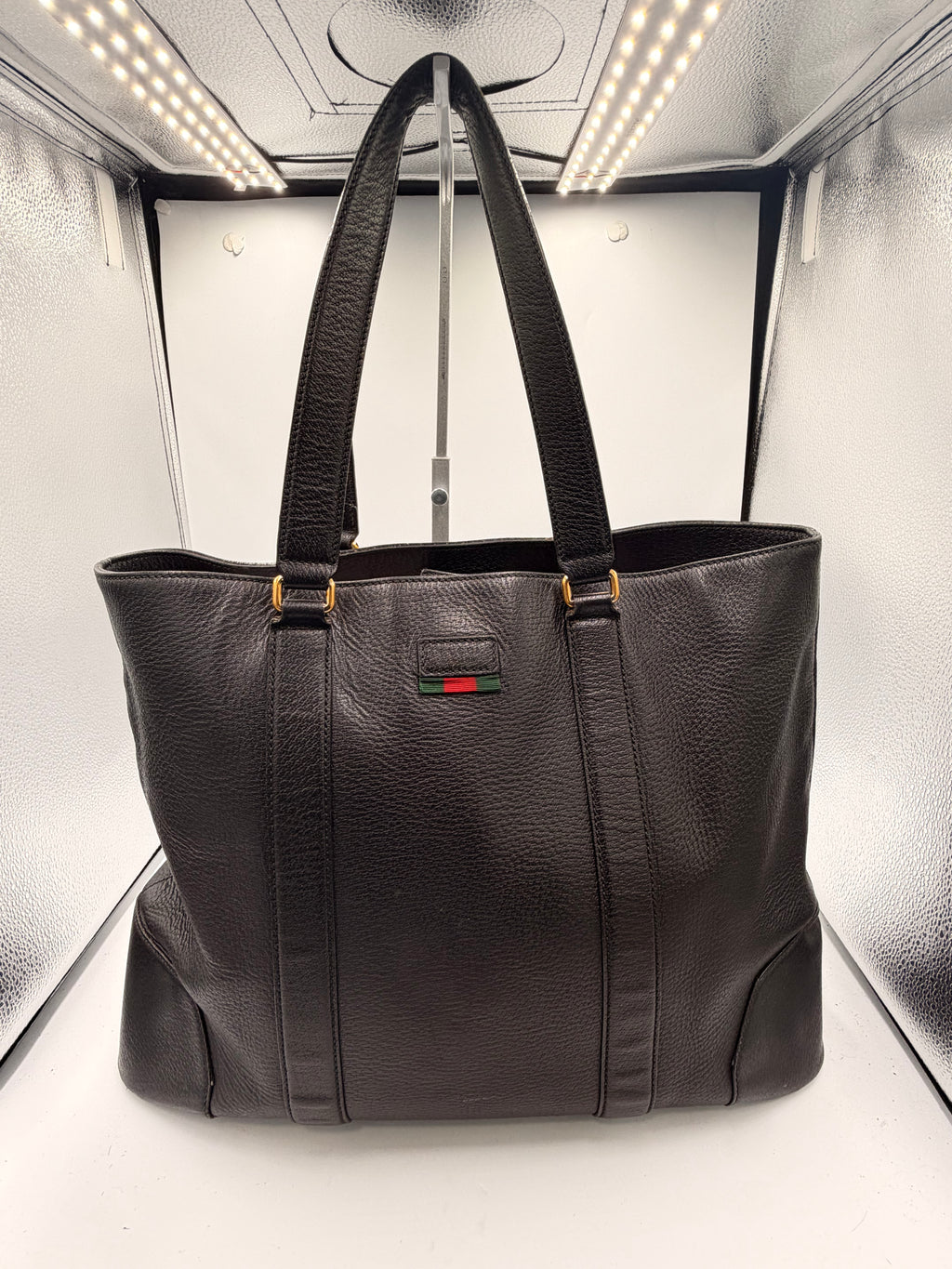 Gucci Black Leather Web Stripe Tote Bag