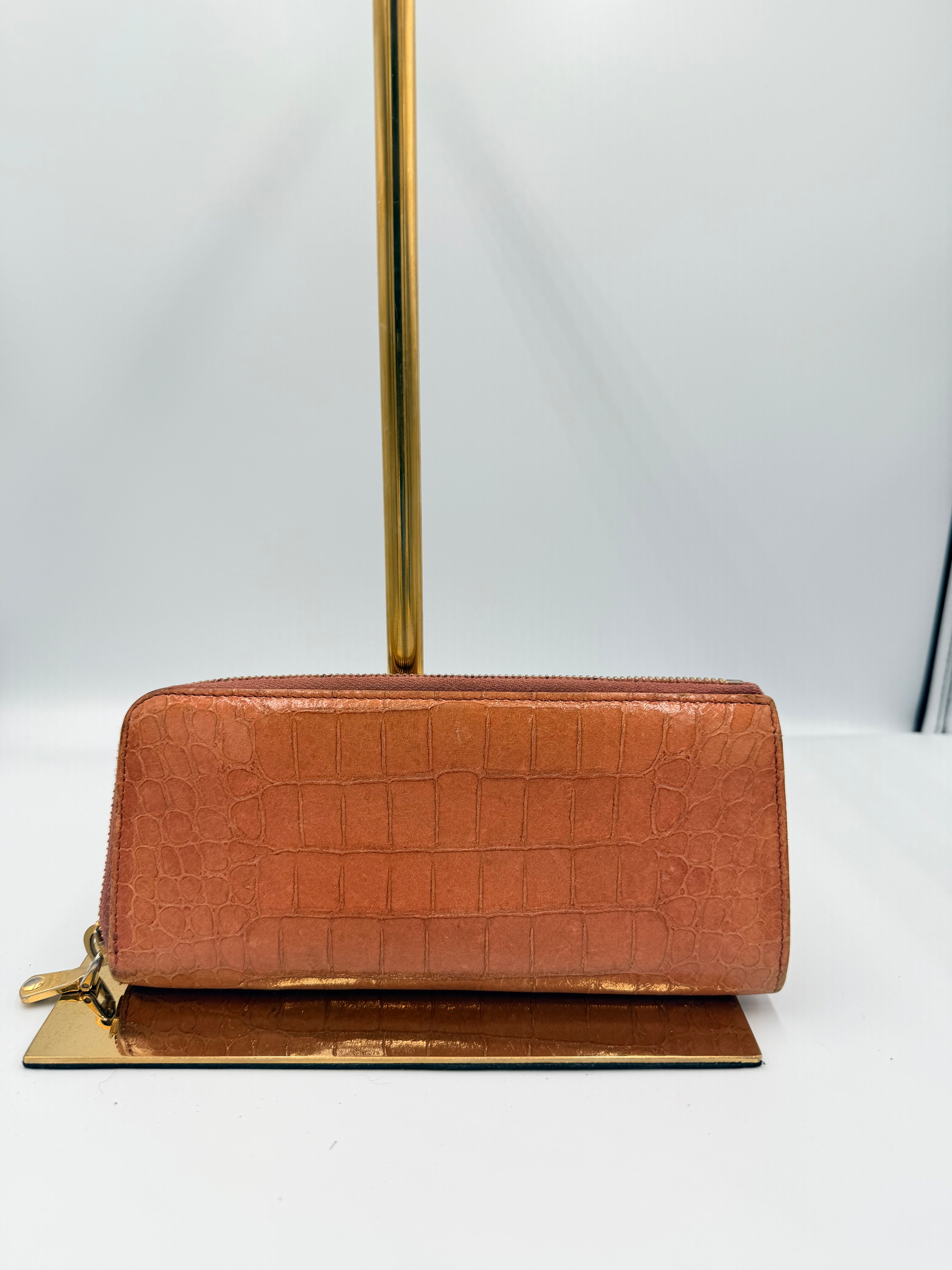 Miu Miu Pink Croc Embossed Zip Around Wallet