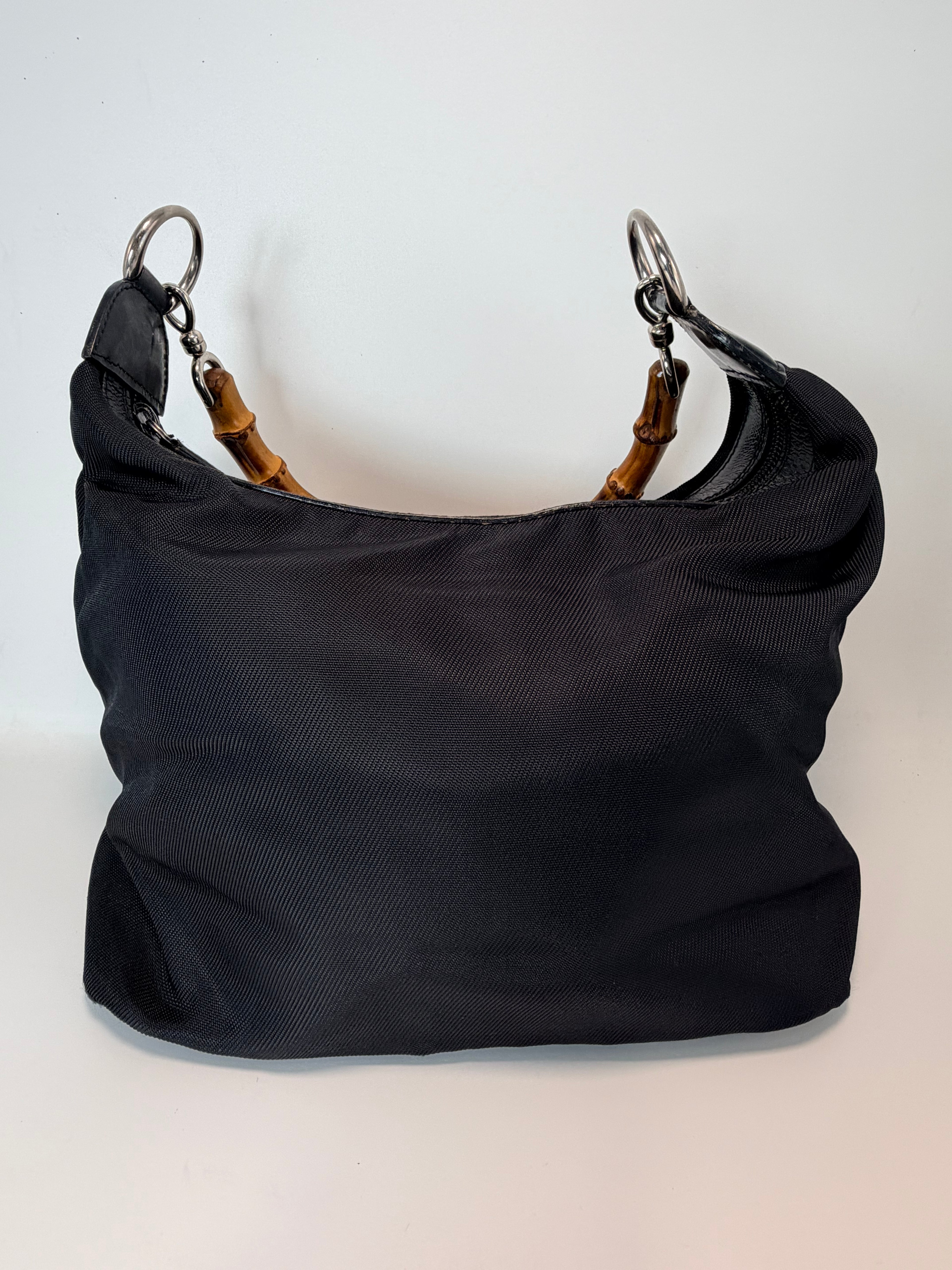Gucci Vintage Black Nylon Bamboo Handle Hobo Bag