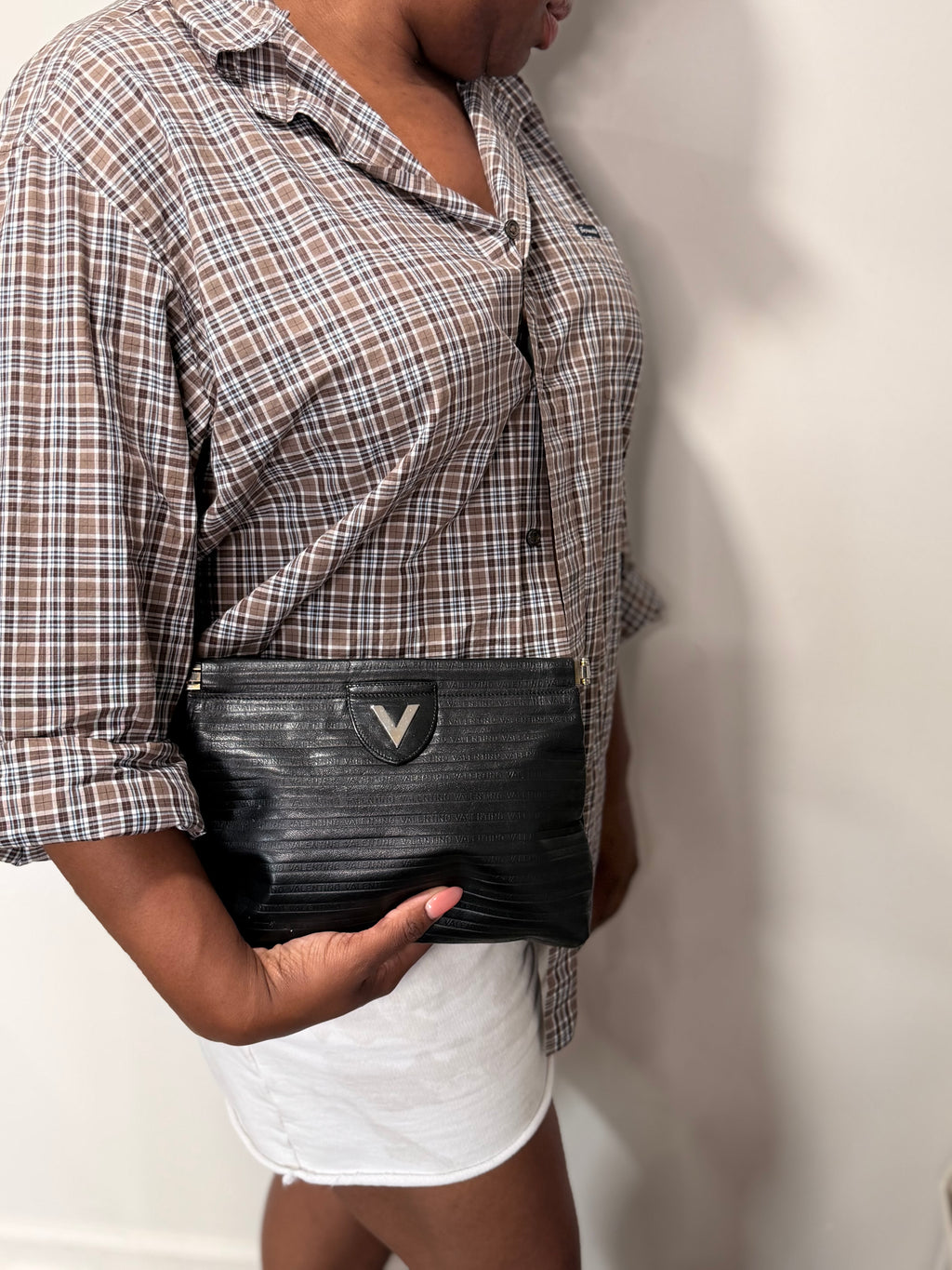 Mario Valentino Black Logo Embossed Clutch | Silver Hardware