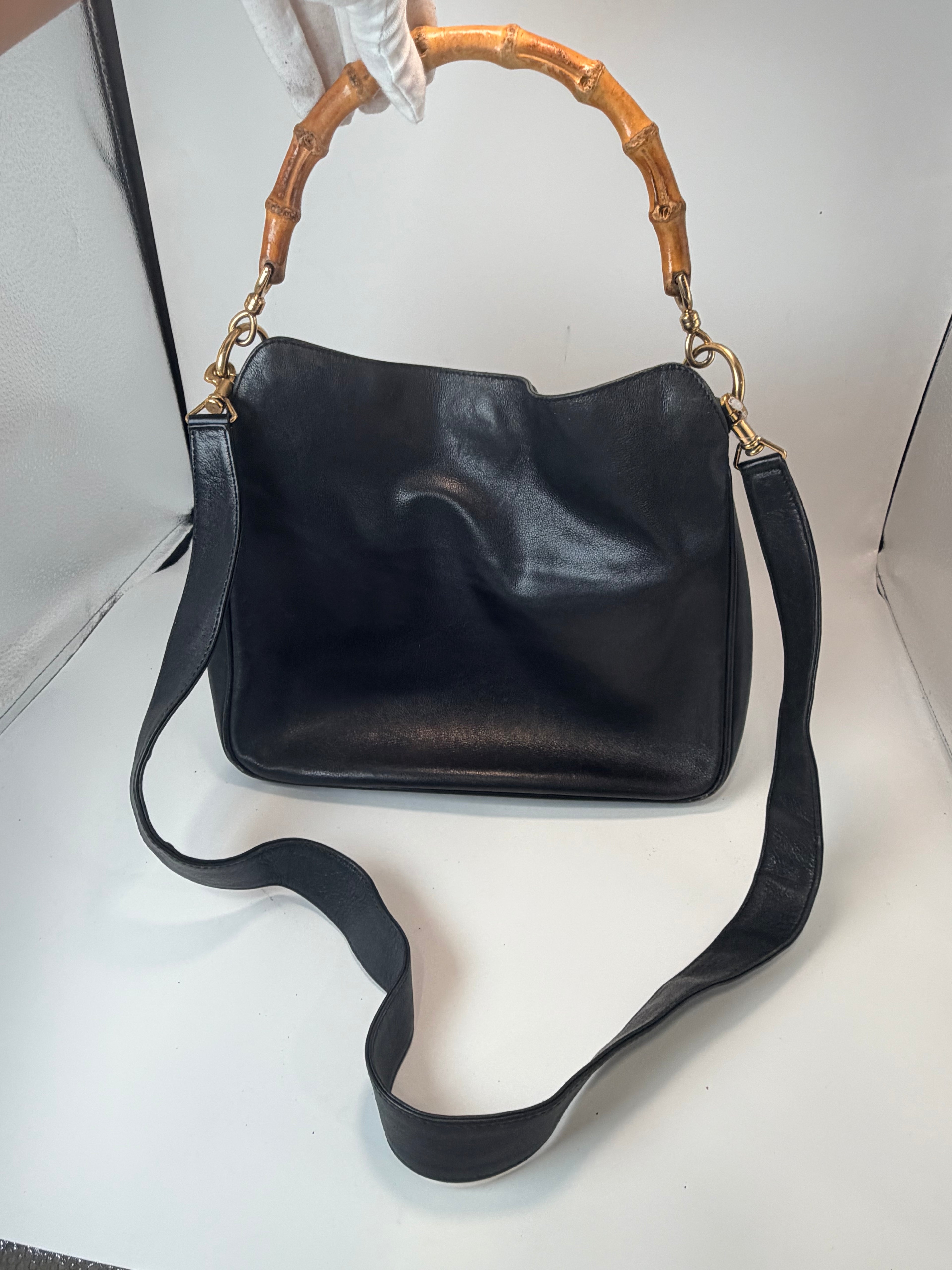 Gucci Black Leather Bamboo Handle Shoulder Bag | Crossbody Strap