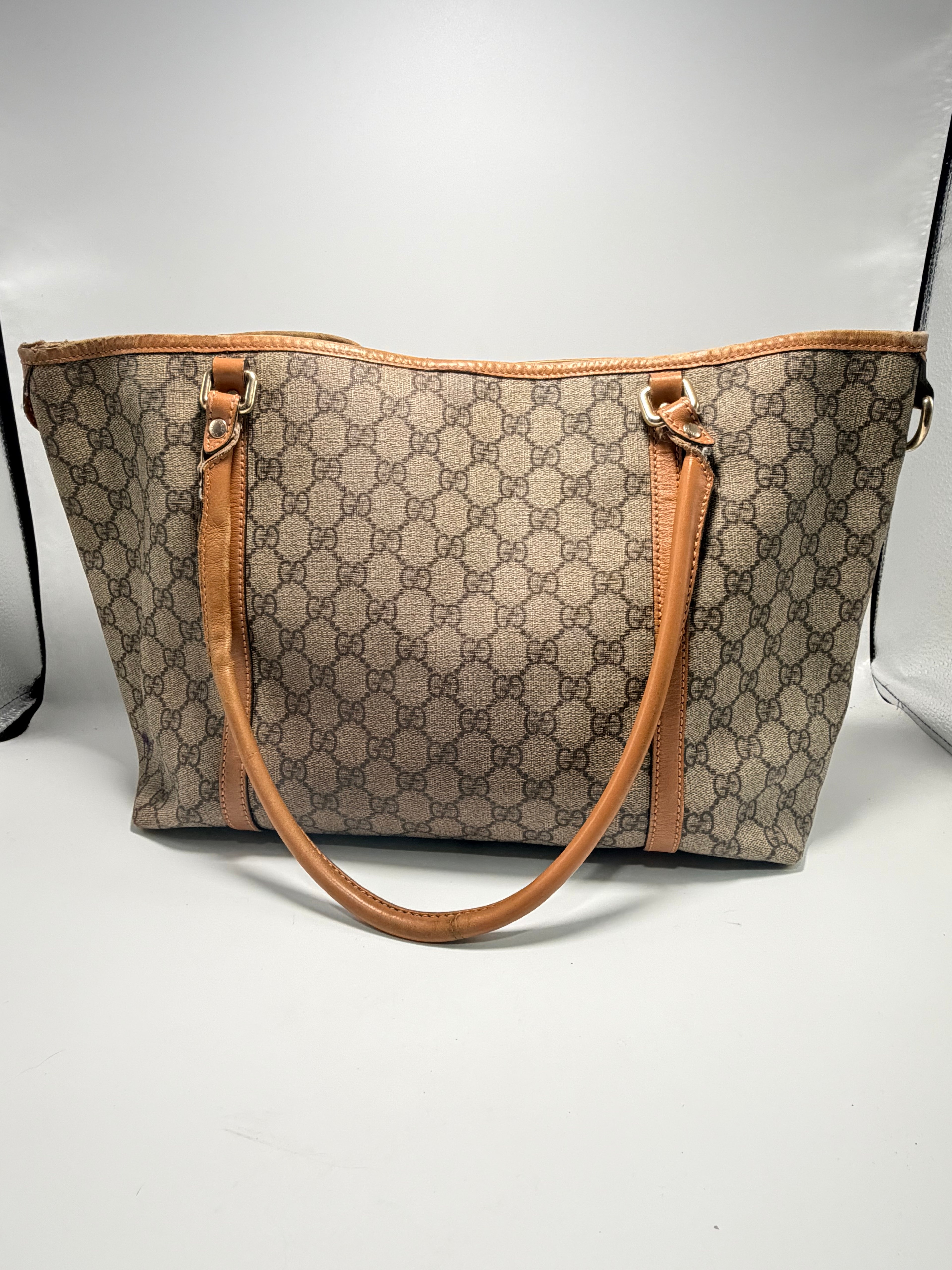 GUCCI GG Canvas Tote – Beige/Ebony with Brown Leather Trim
