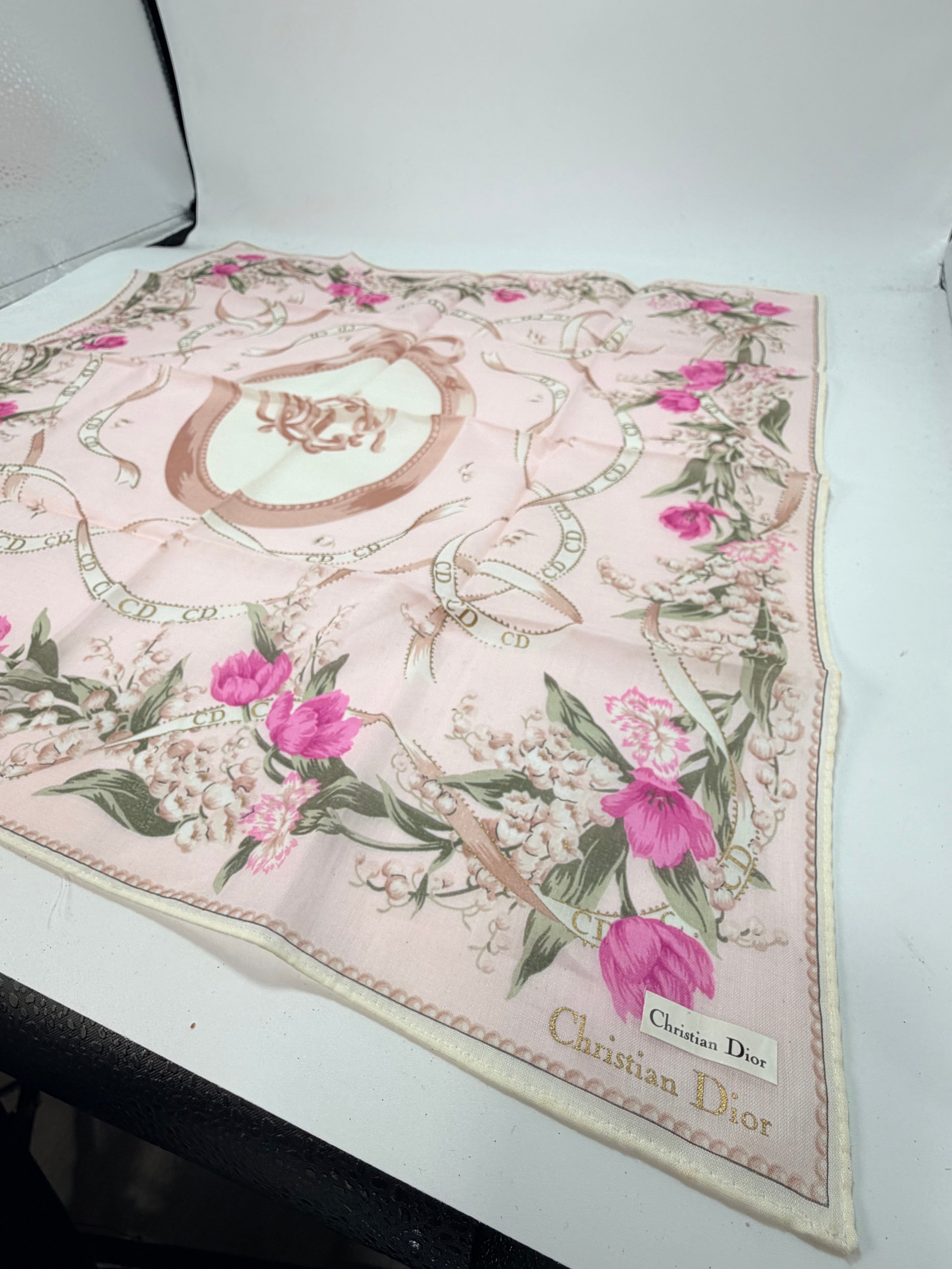 Christian Dior Floral CD Monogram Cotton Scarf – Pink Lily of the Valley – New With Tags