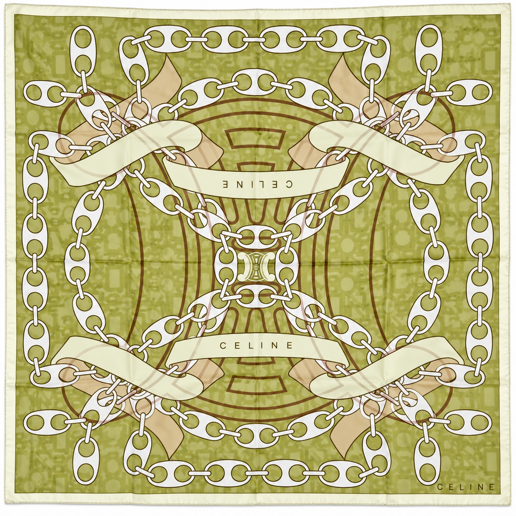 Celine Silk Scarf – Olive Green Chain & Macadam Print
