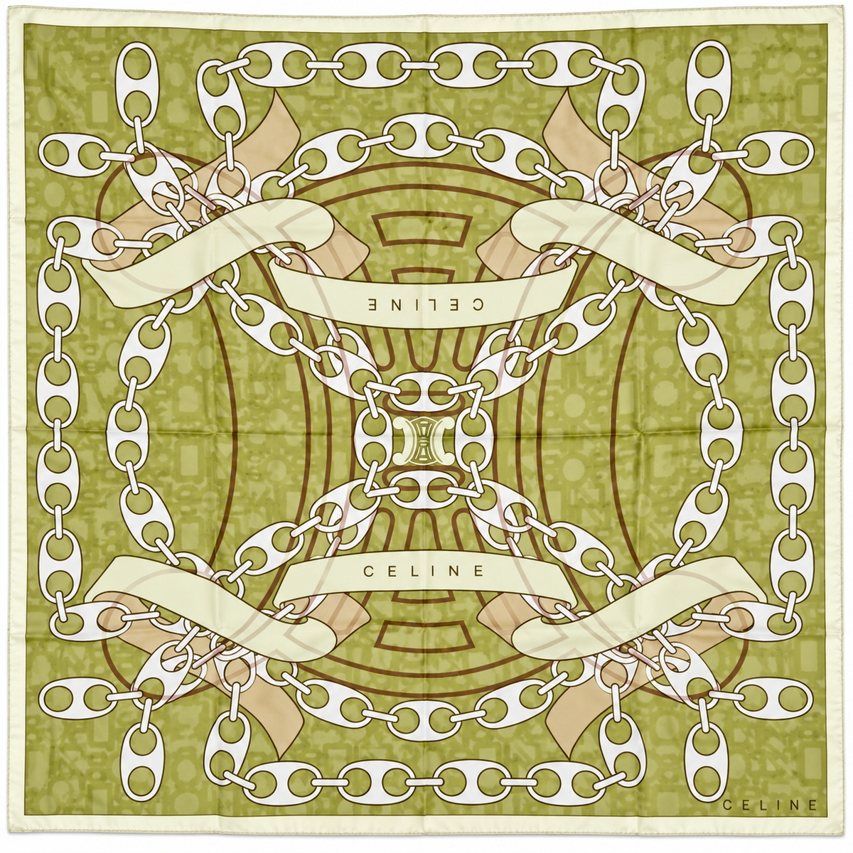 Celine Silk Scarf – Olive Green Chain & Macadam Print