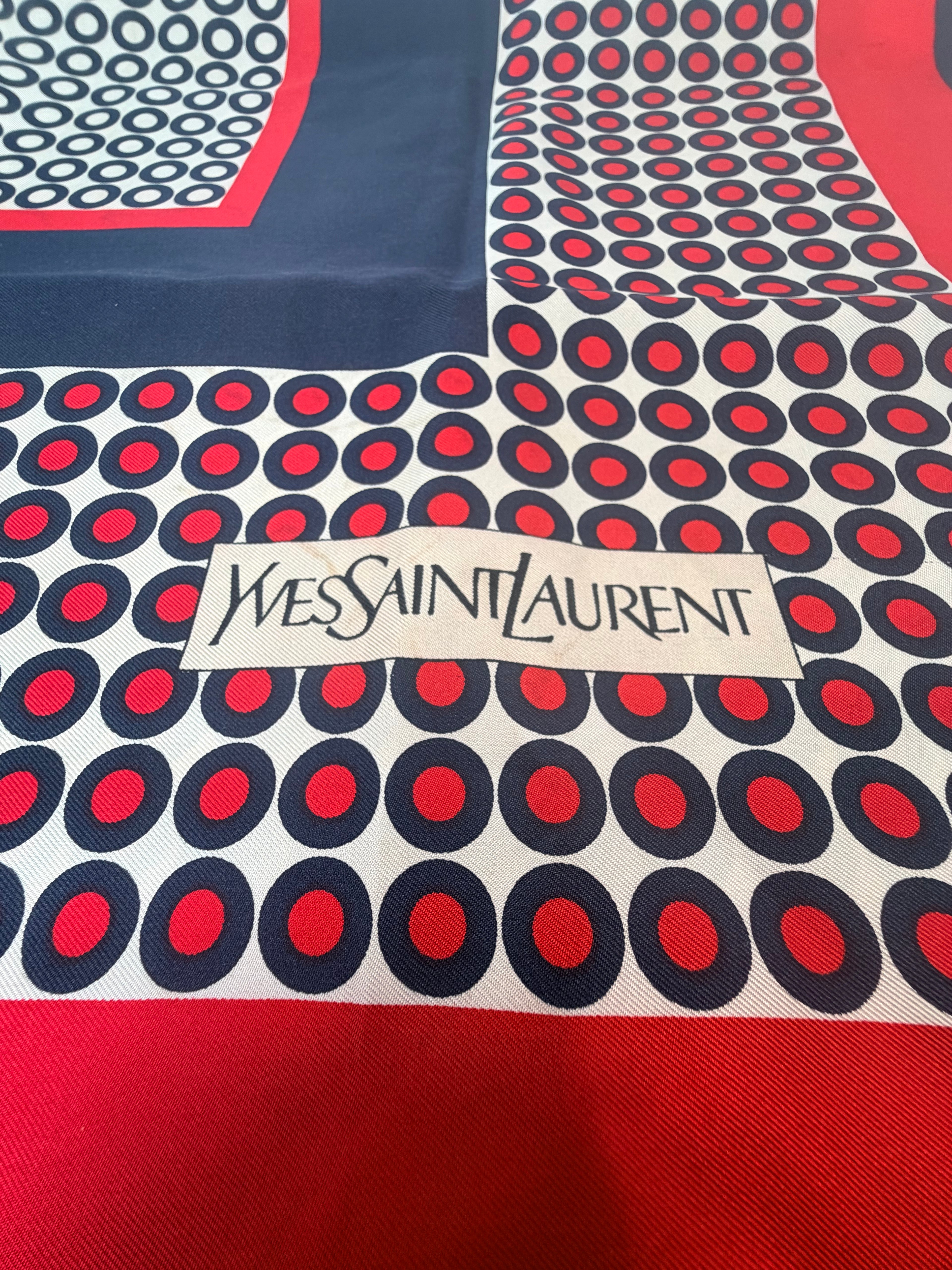 Yves Saint Laurent Silk Scarf – Navy, Red & White Geometric Print