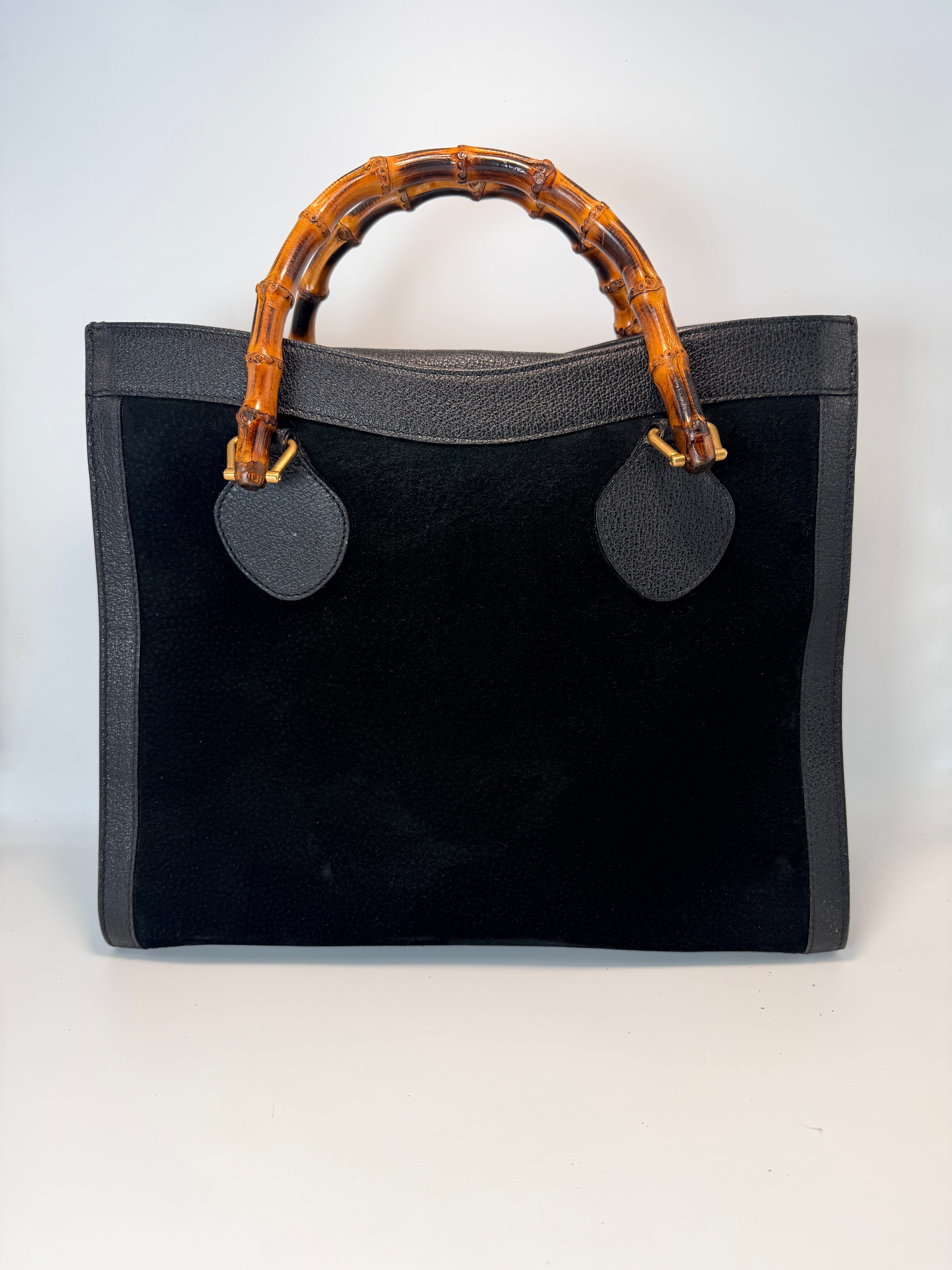 Gucci Bamboo Top Handle Tote – Black Suede & Leather