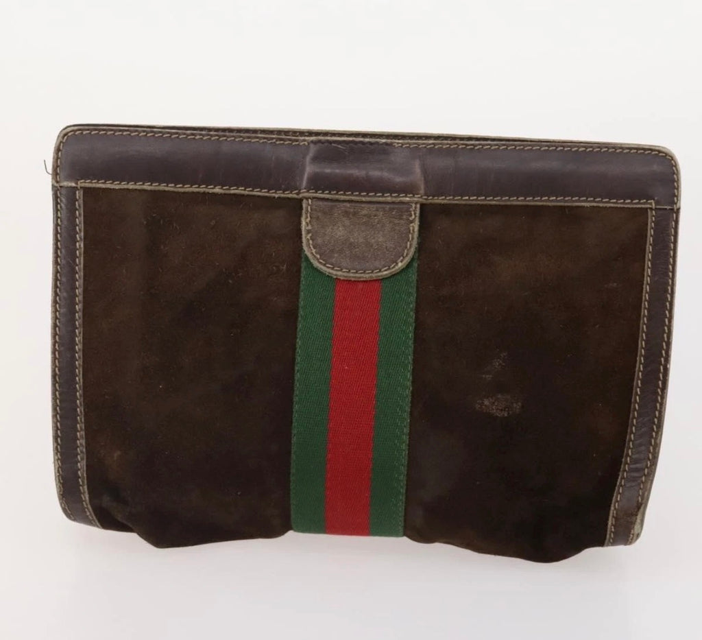 Gucci Brown Suede Web Stripe Clutch