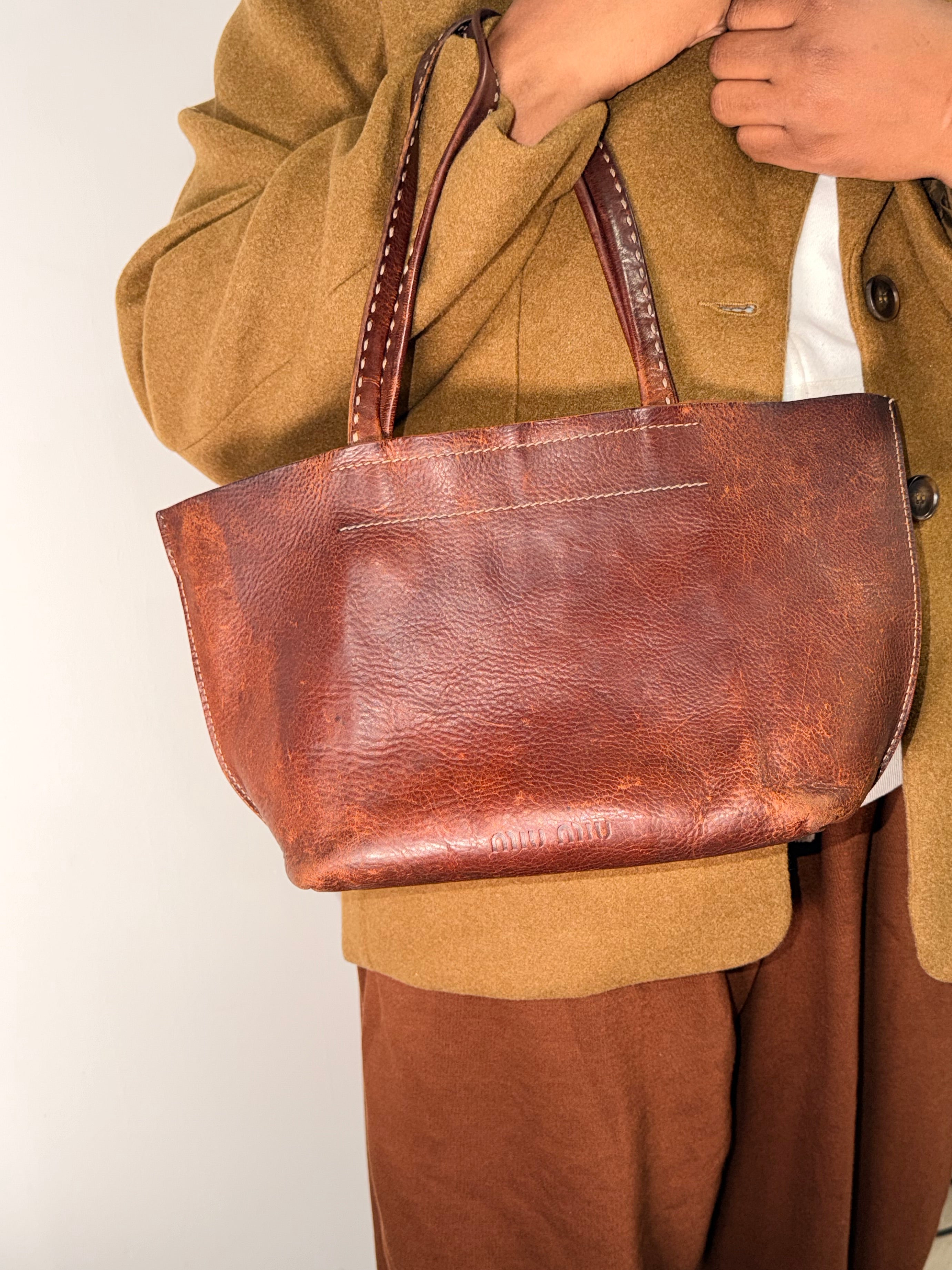 Miu Miu Distressed Leather Tote Bag – Brown