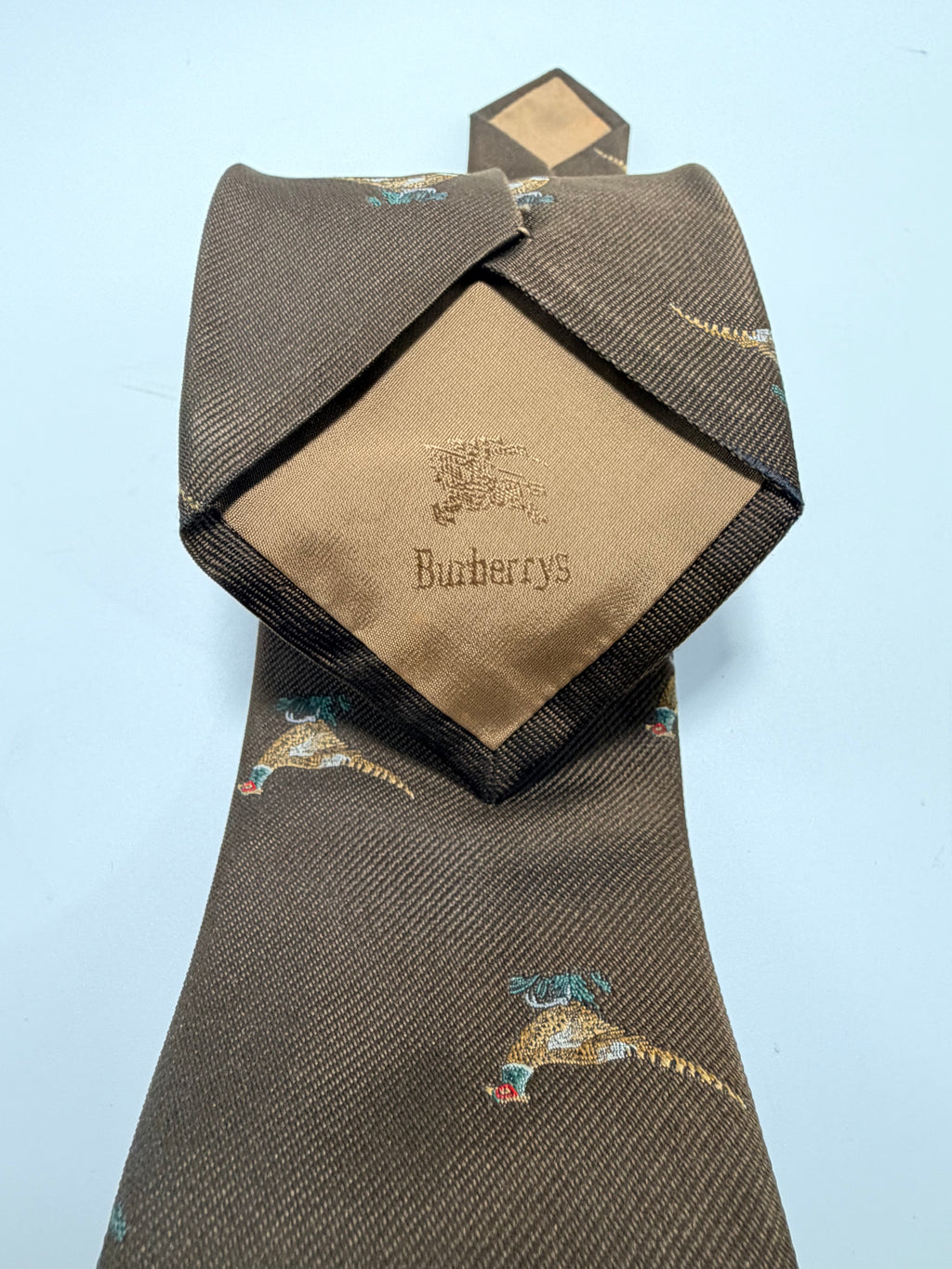 Burberrys Vintage Silk Tie – Brown Pheasant Motif