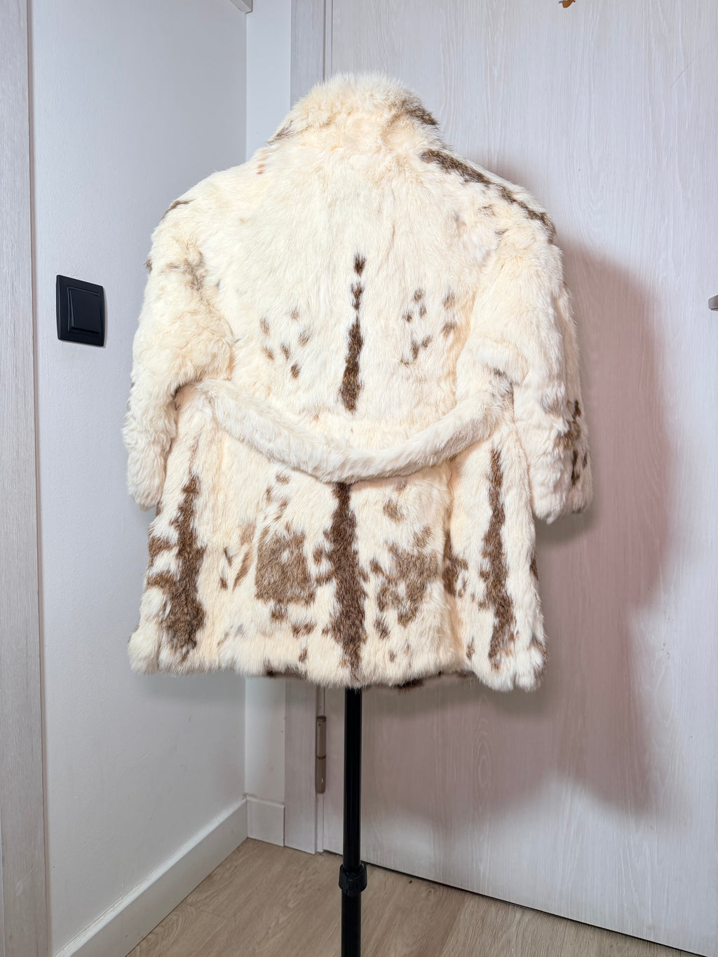 Vintage Spotted Rabbit Fur Coat – Natural Piebald Pattern - XS