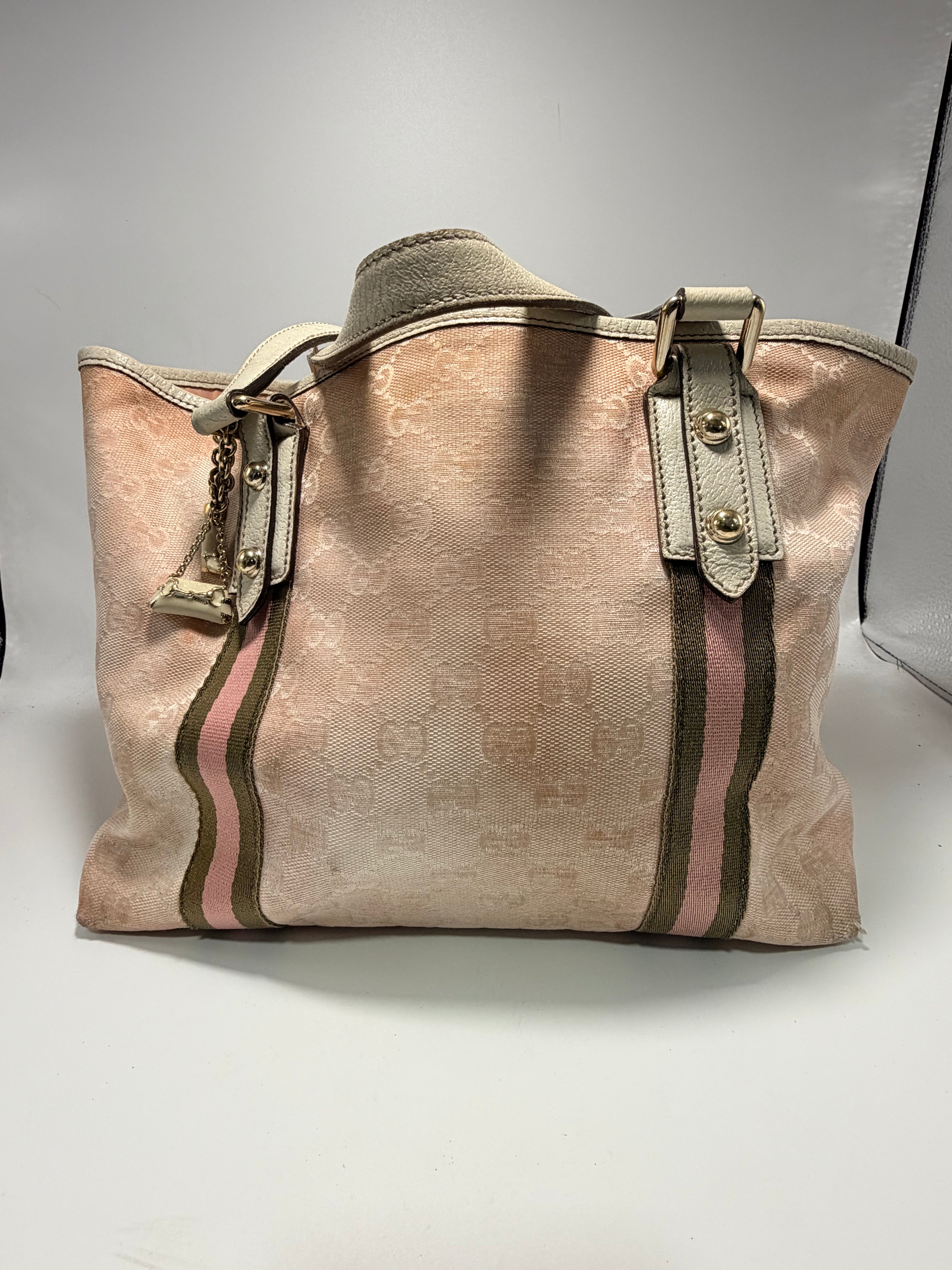 Gucci GG Canvas Web Tote Bag (Pink) with Charms