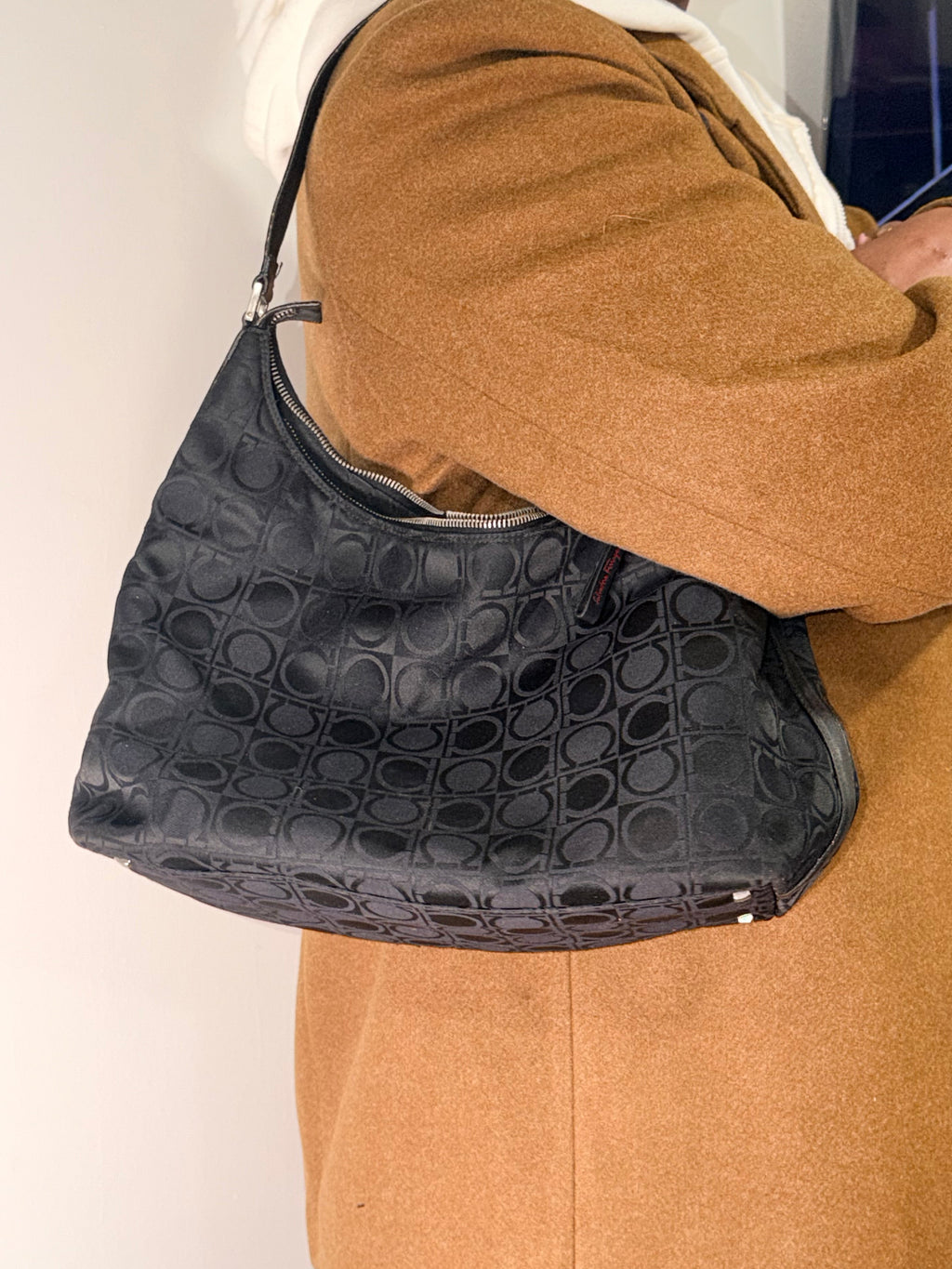 Salvatore Ferragamo Gancini Black Shoulder Bag Jacquard Logo Bag