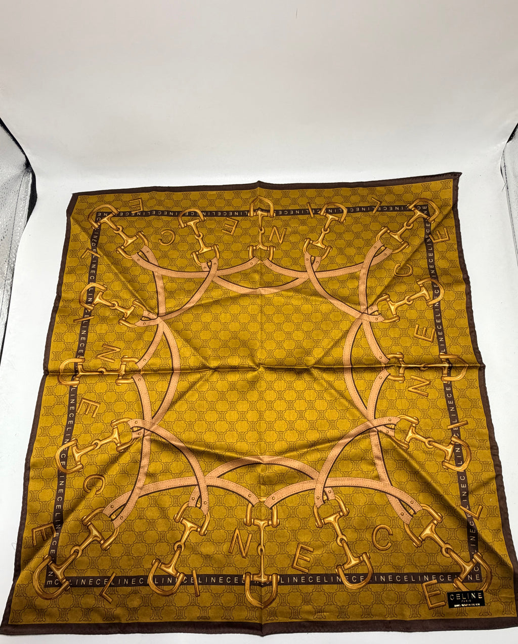 CELINE Vintage Equestrian Logo Scarf – Mustard Gold & Brown