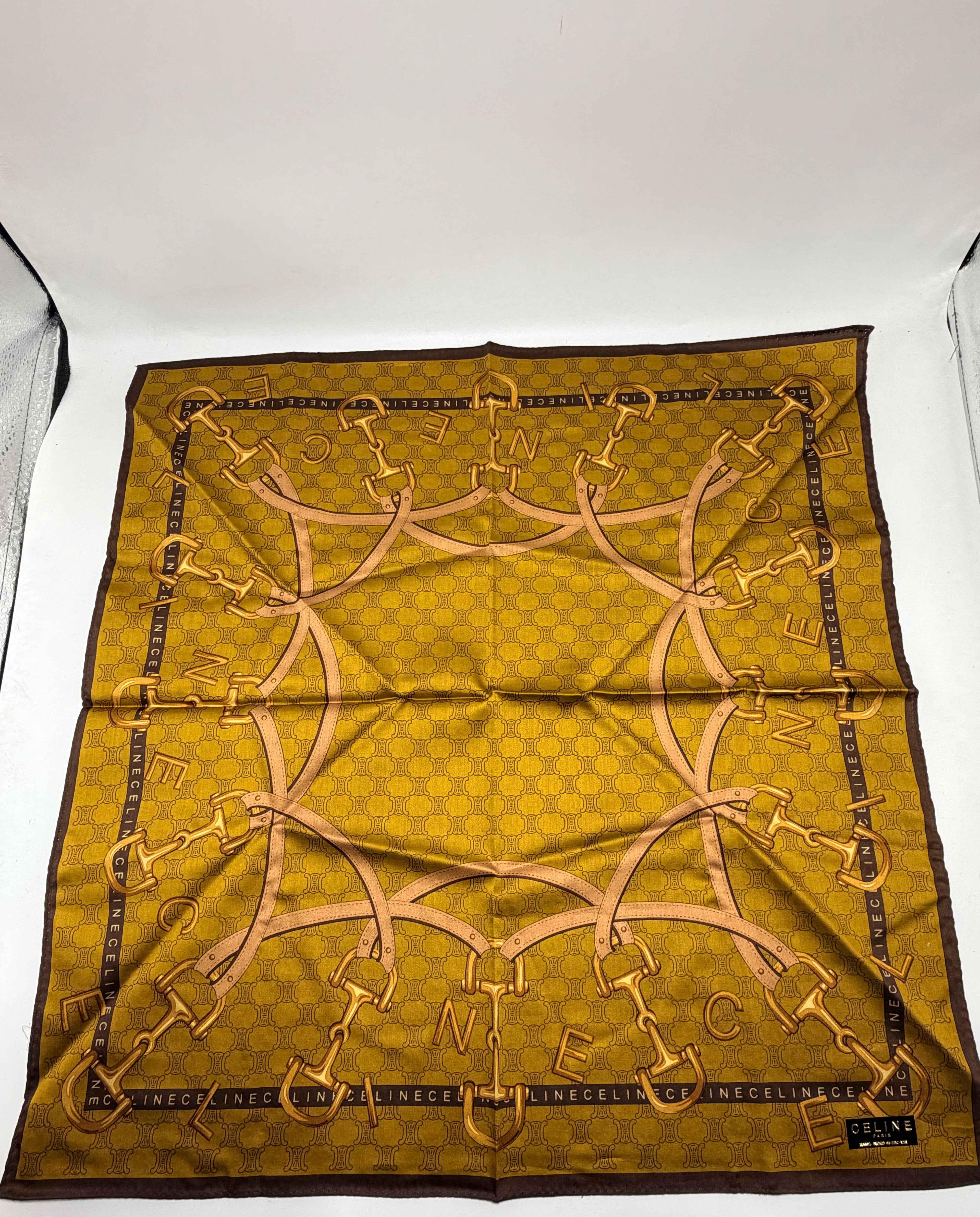 CELINE Vintage Equestrian Logo Scarf – Mustard Gold & Brown