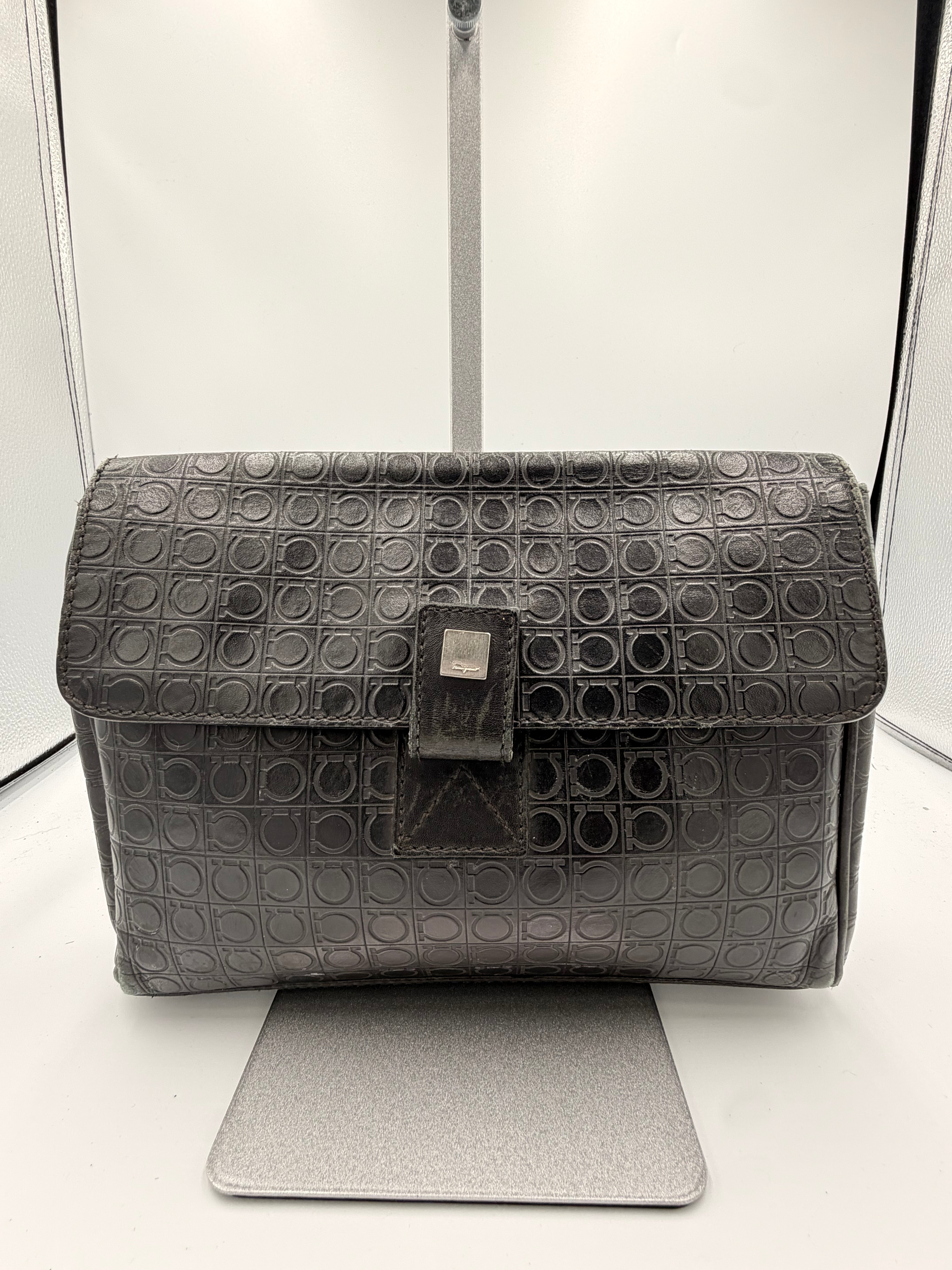 Salvatore Ferragamo Gancini Black Monogram Canvas Wristlet Clutch
