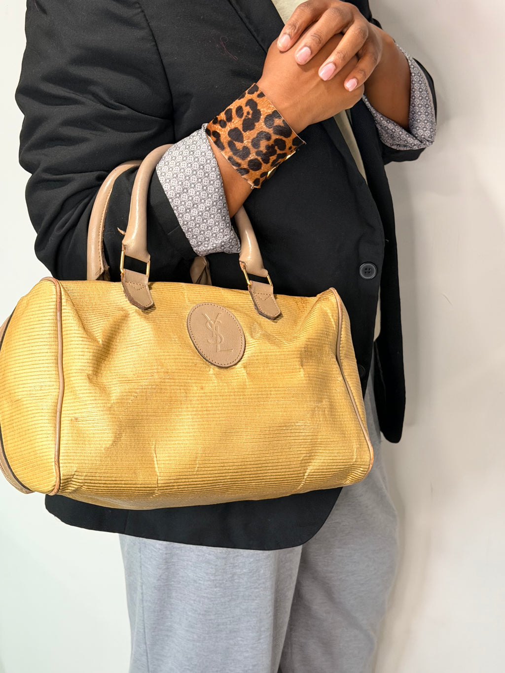 Yves Saint Laurent YSL Beige Canvas Boston Bag