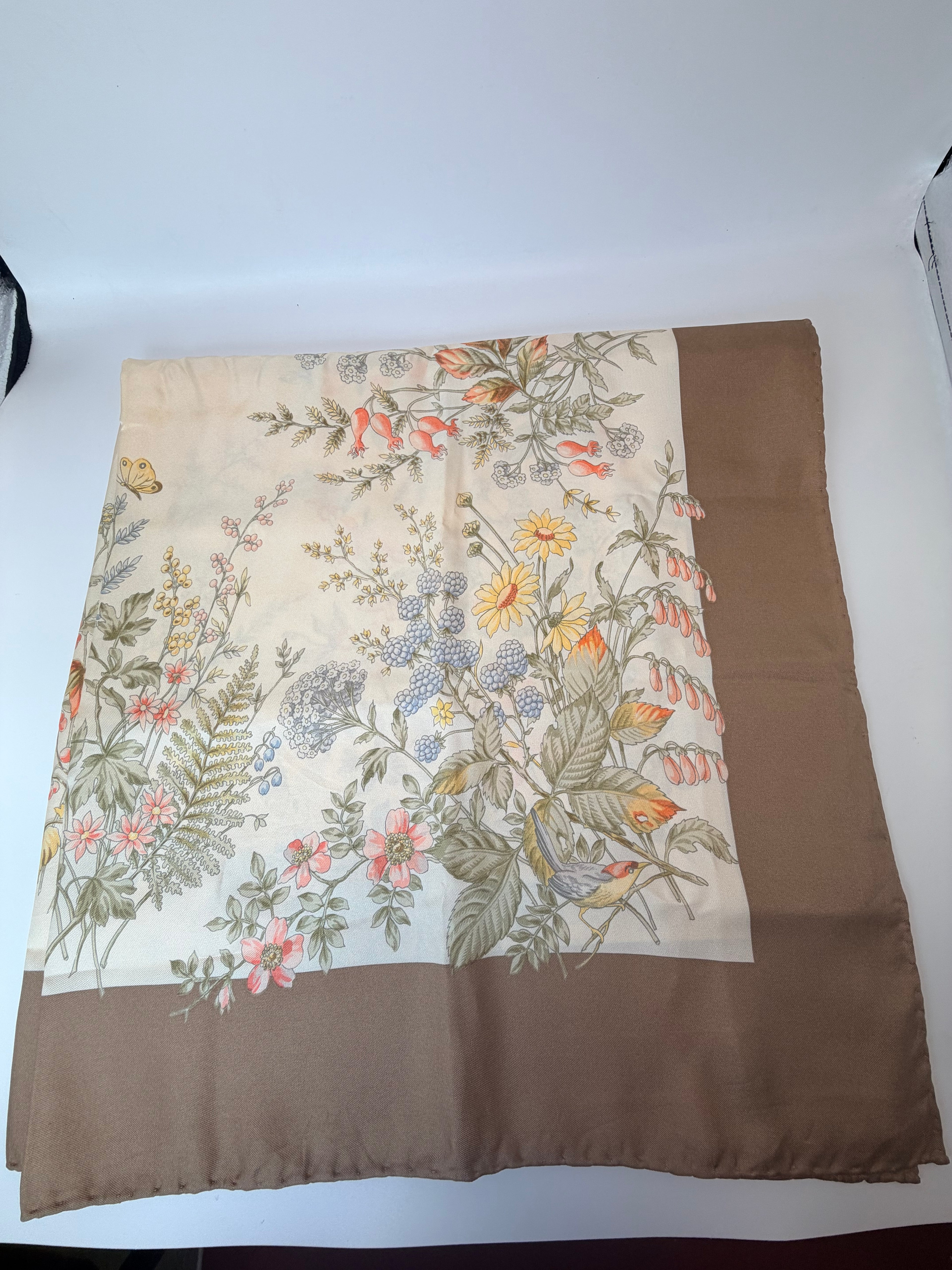 Christian Dior Silk Scarf – Botanical & Bird Print with Taupe Border