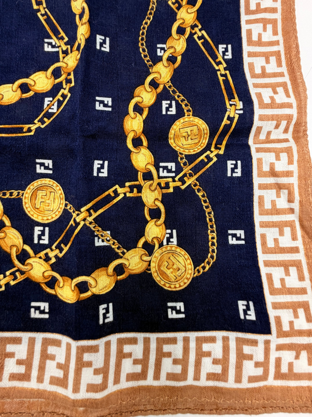 Fendi FF Monogram Chain Print Scarf – Navy & Brown