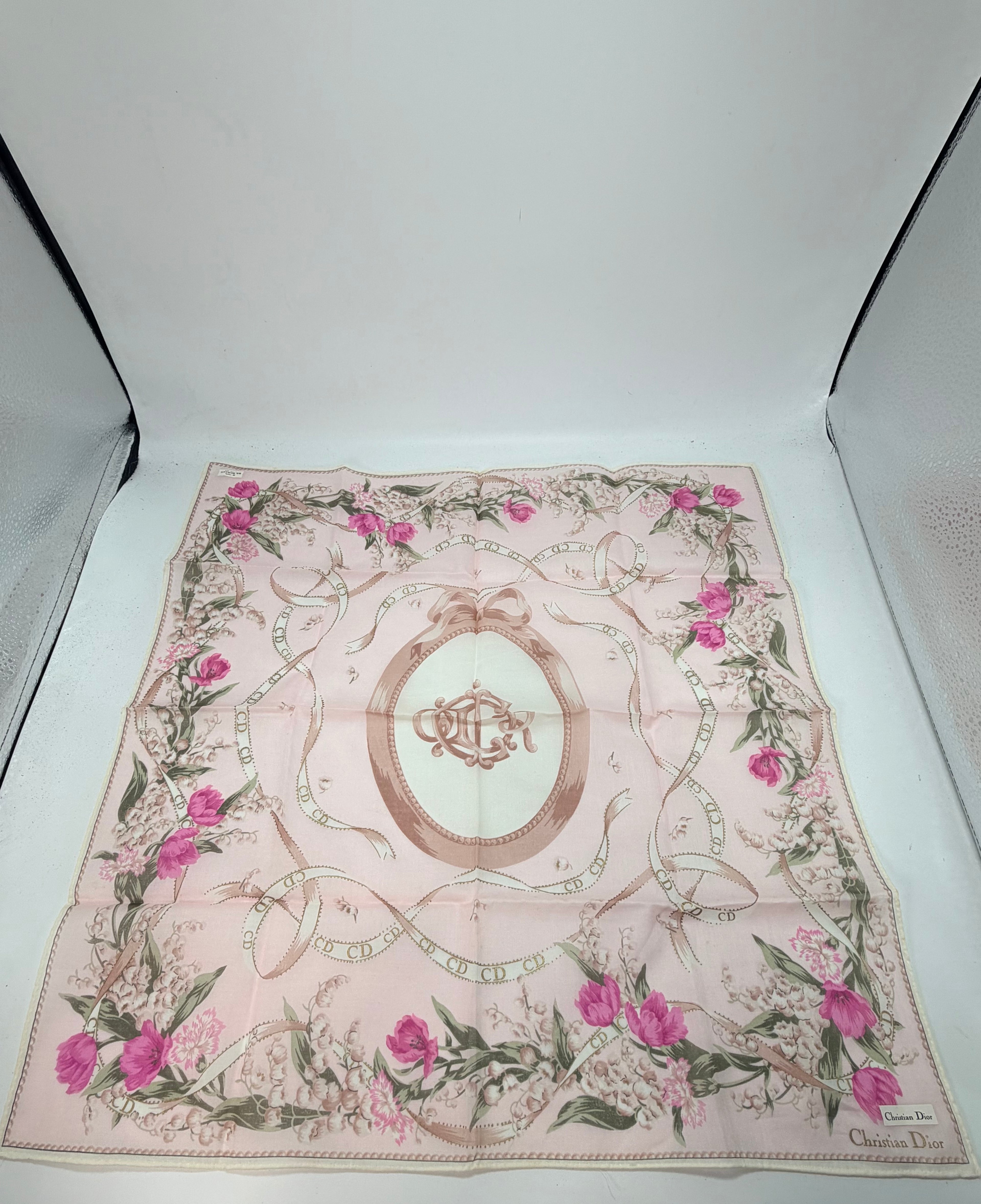 Christian Dior Floral CD Monogram Cotton Scarf – Pink Lily of the Valley – New With Tags