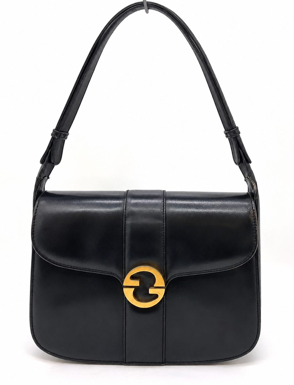 Gucci Vintage 1970s Black Leather G Logo Shoulder Bag