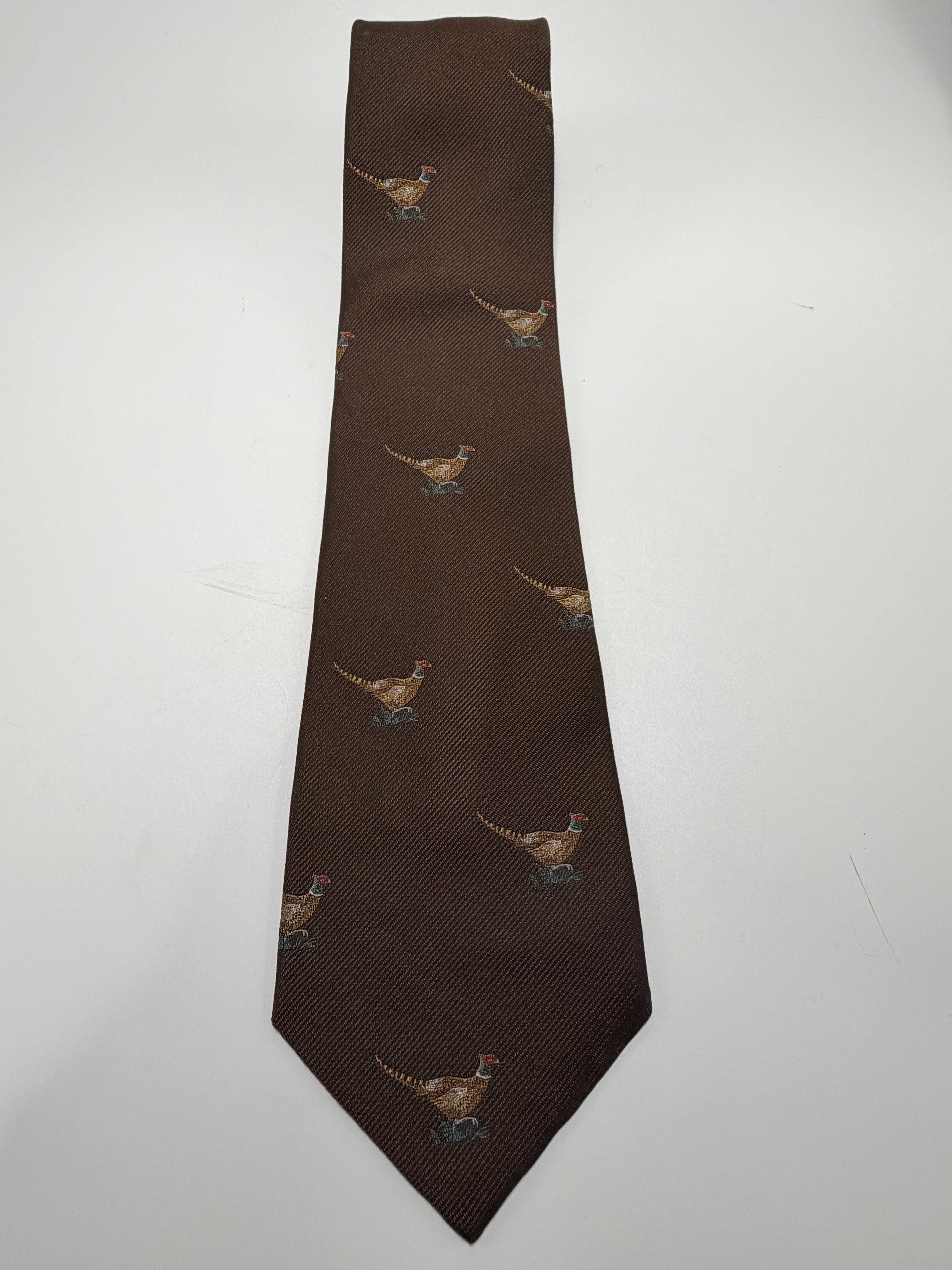 Burberrys Vintage Silk Tie – Brown Pheasant Motif