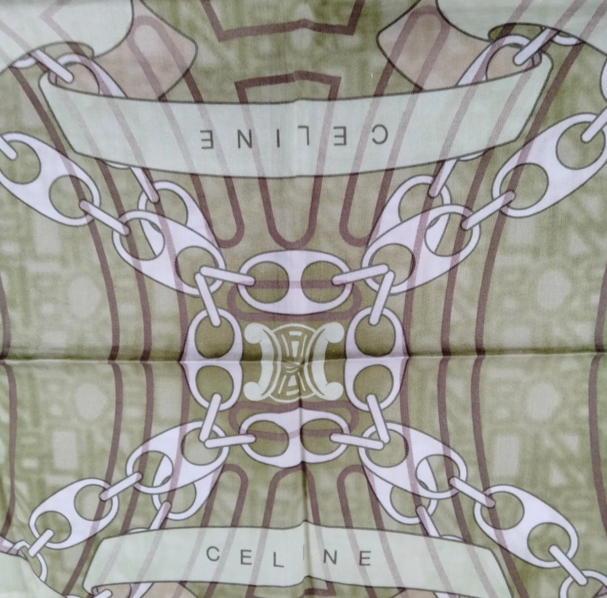 Celine Silk Scarf – Olive Green Chain & Macadam Print
