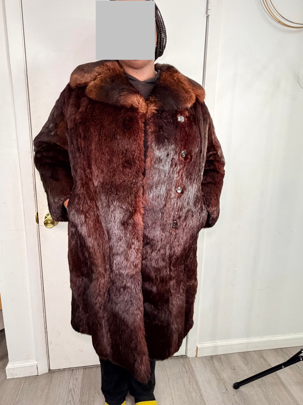 Vintage Rabbit Fur Coat with Fox Collar – Deep Mahogany Brown (2XL)