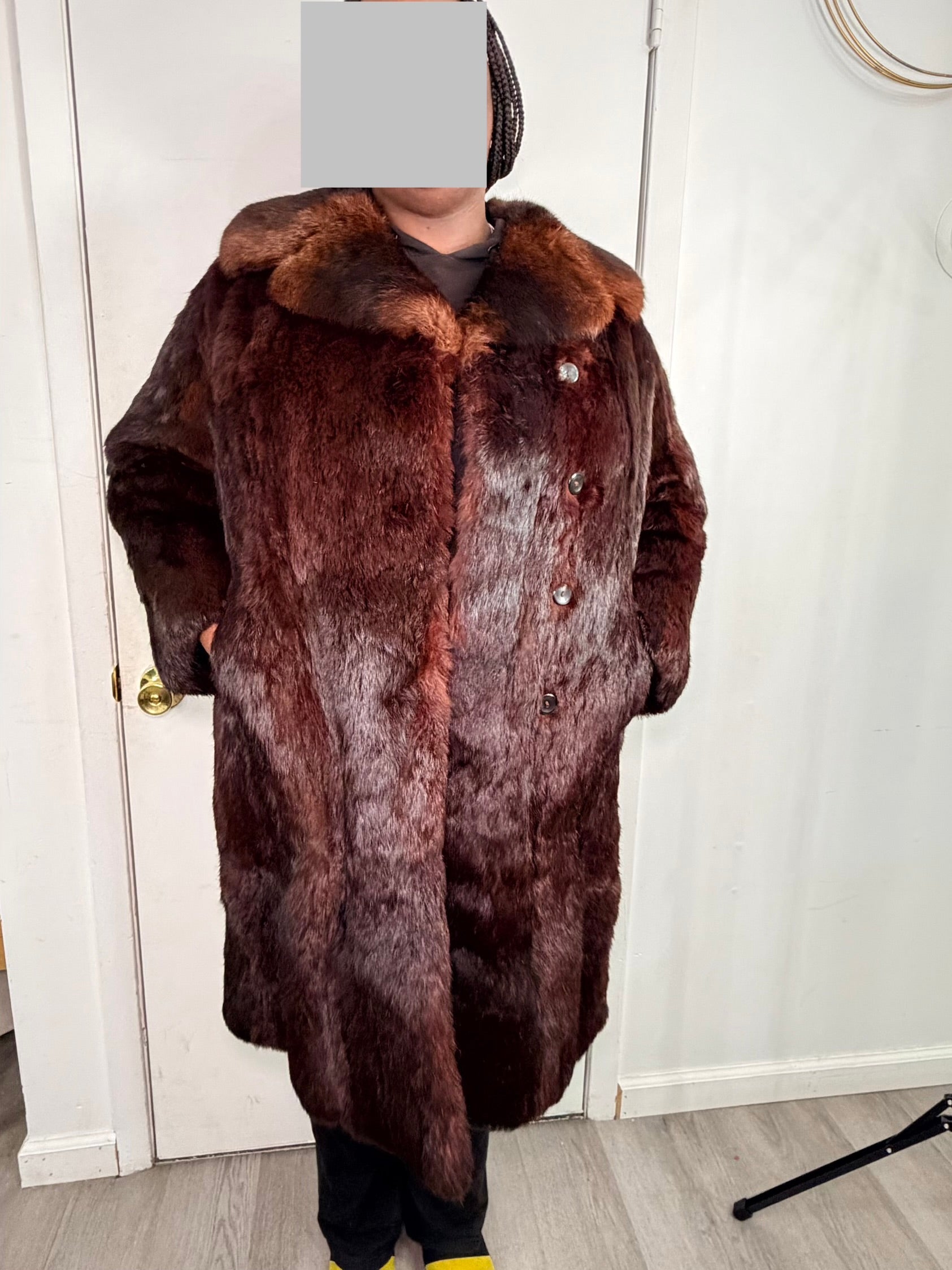 Vintage Rabbit Fur Coat with Fox Collar – Deep Mahogany Brown (2XL)