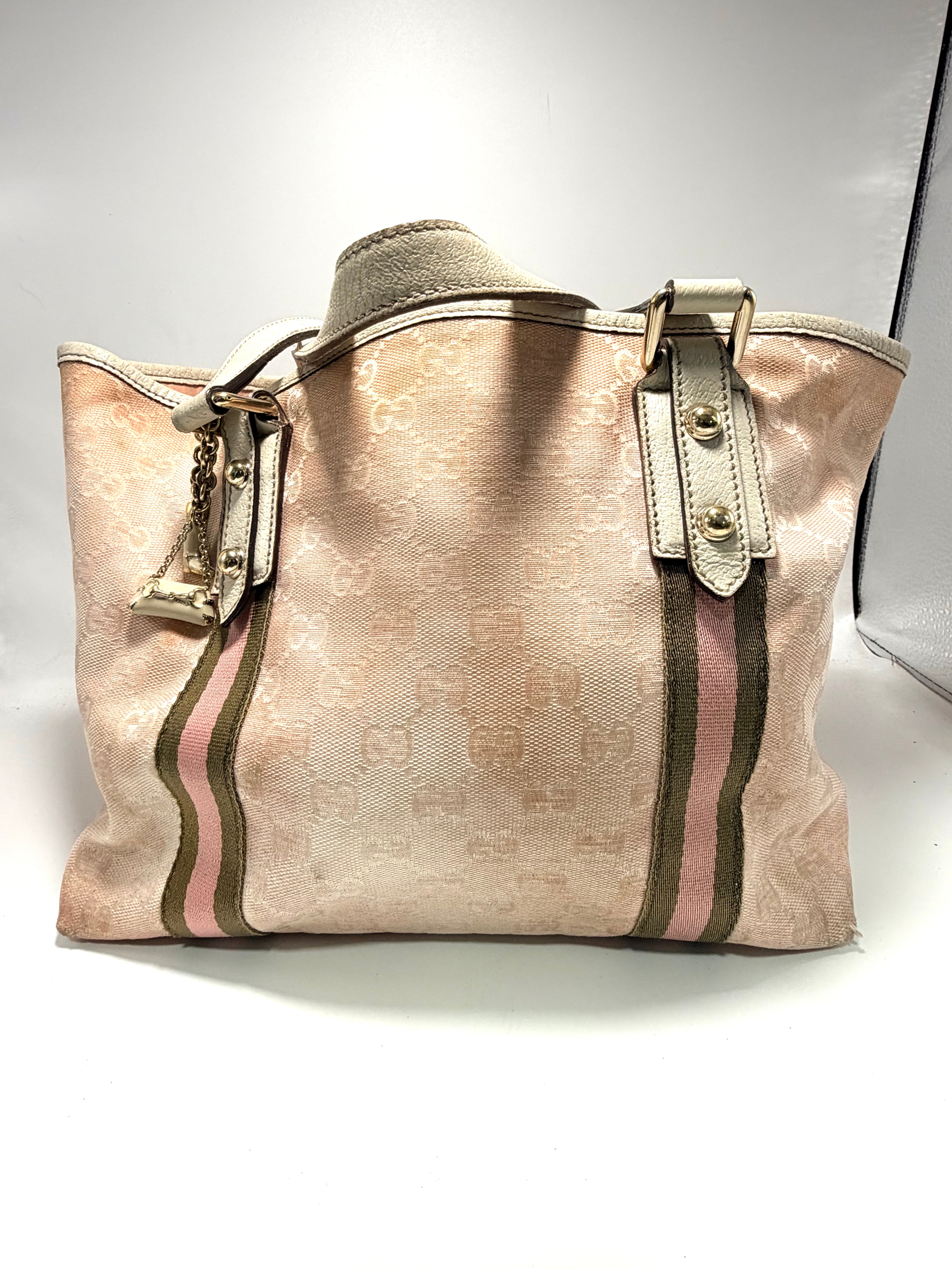 Gucci GG Canvas Web Tote Bag (Pink) with Charms