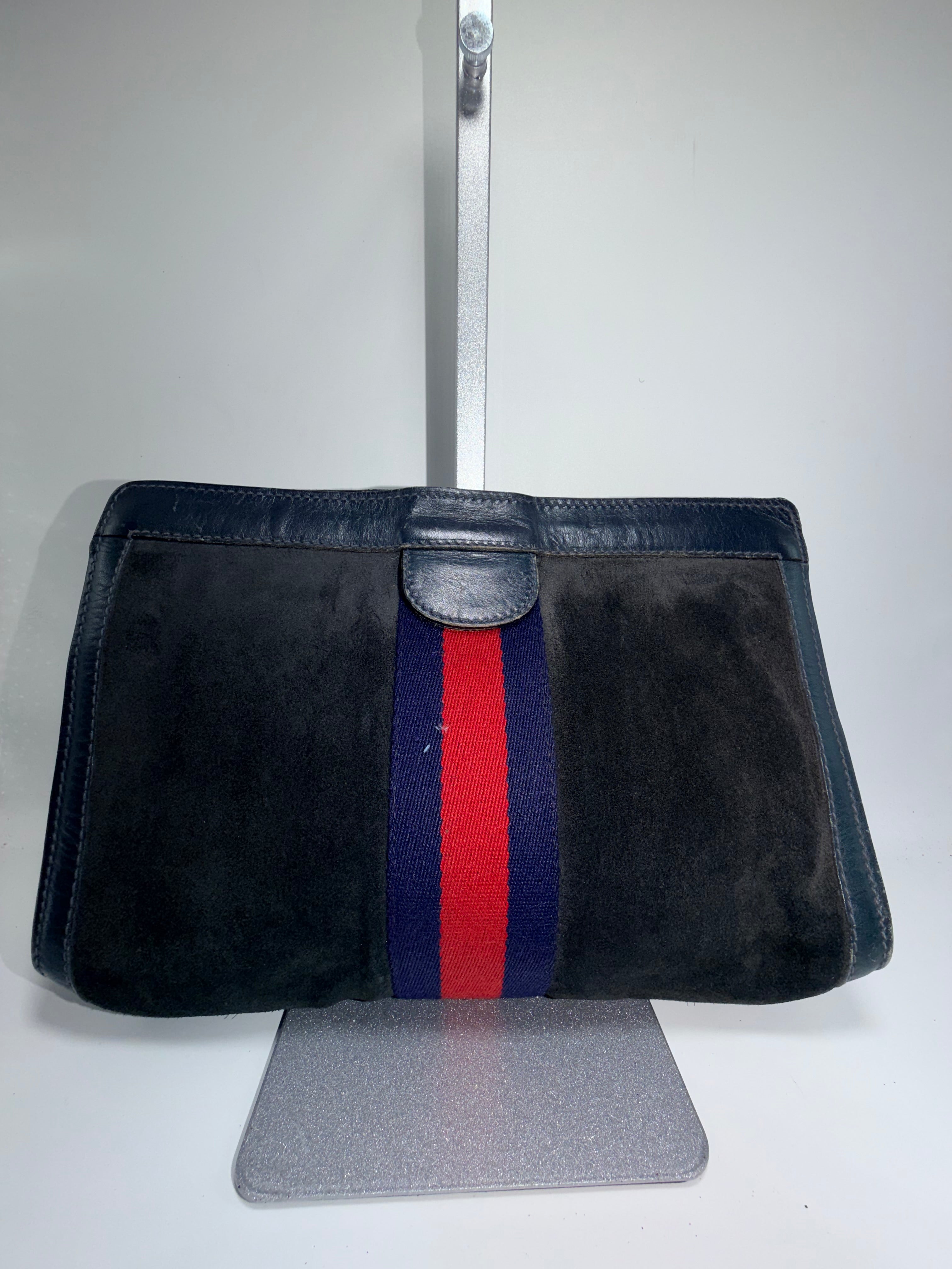 Gucci Suede Clutch – Navy Web Stripe