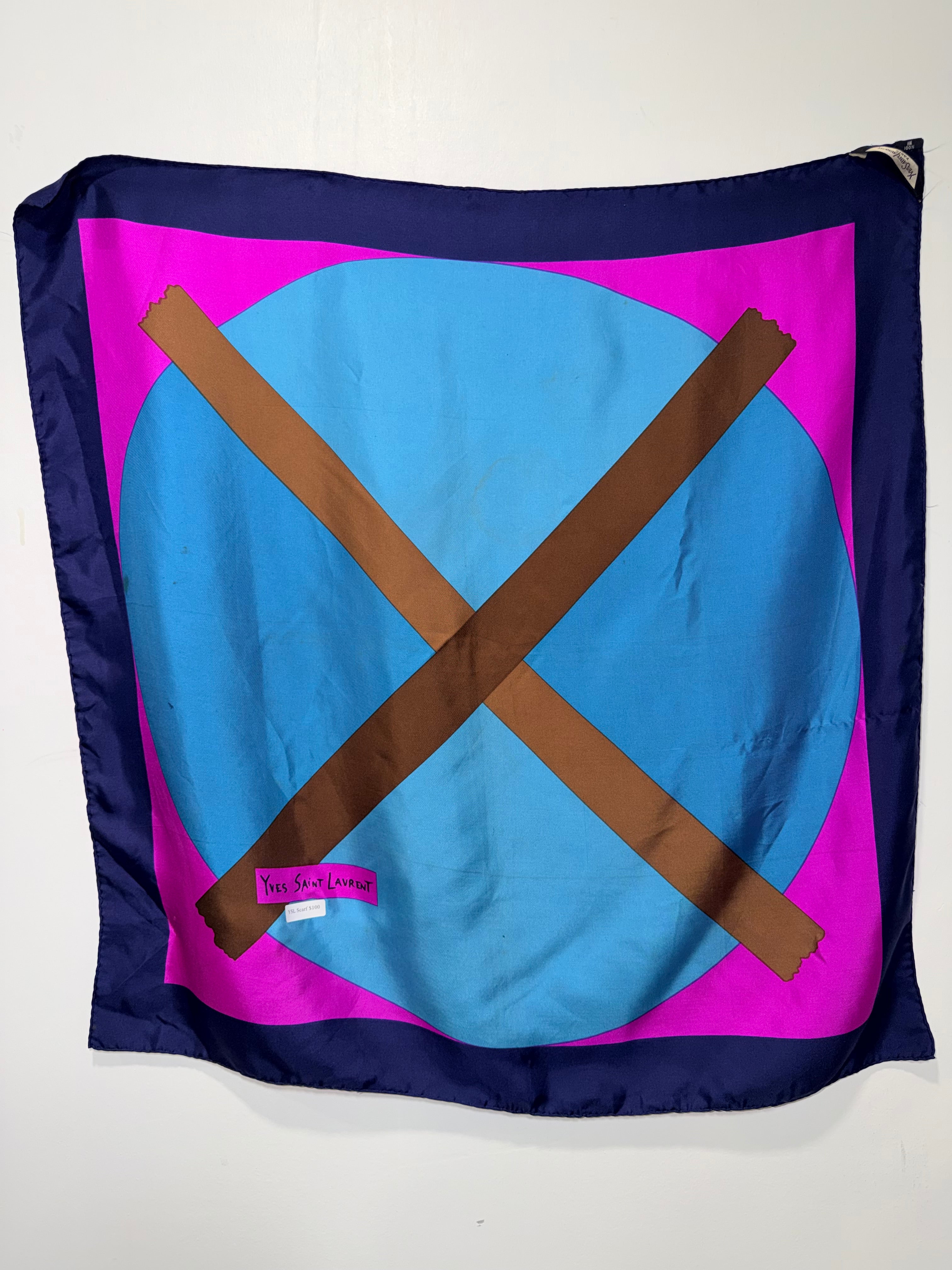 Yves Saint Laurent Oversized Silk Scarf in Pink, Blue & Bronze Geometric Print