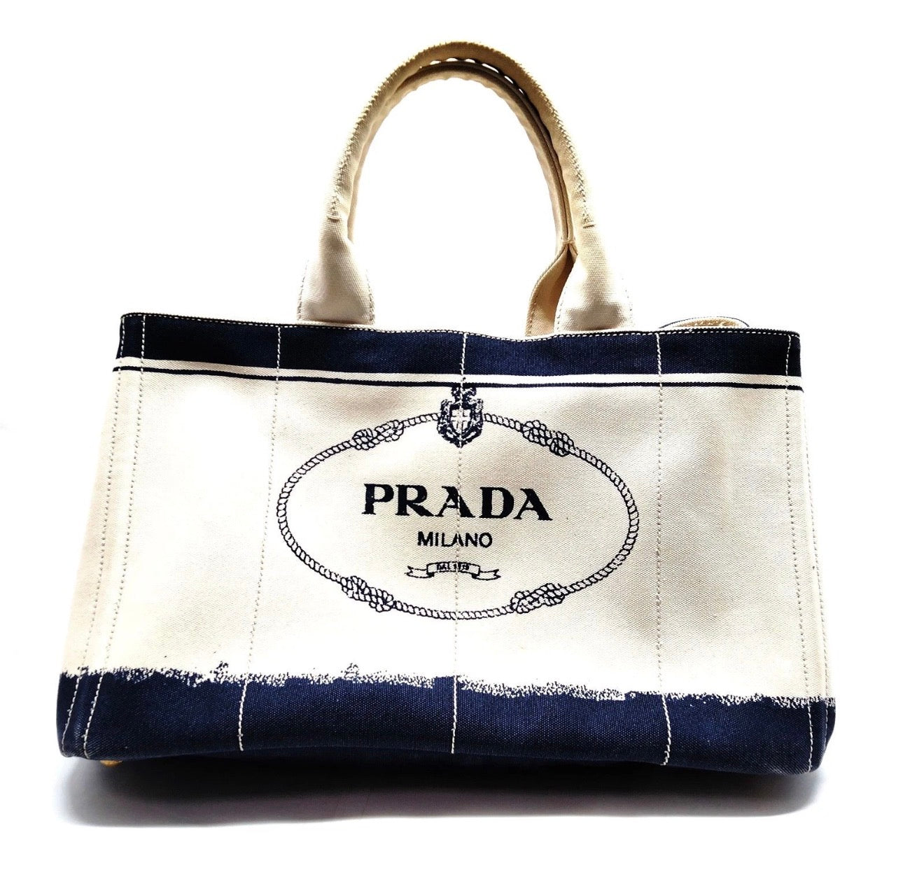 Prada Canapa Canvas Tote - Navy & Ivory (Large)