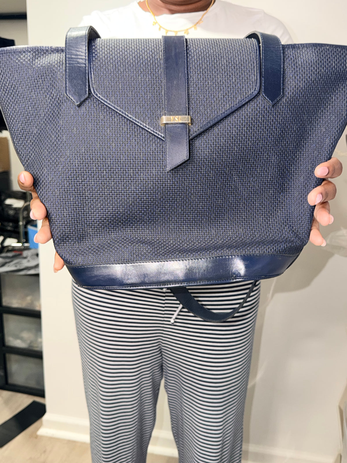 YSL Navy Woven Shoulder Tote Bag