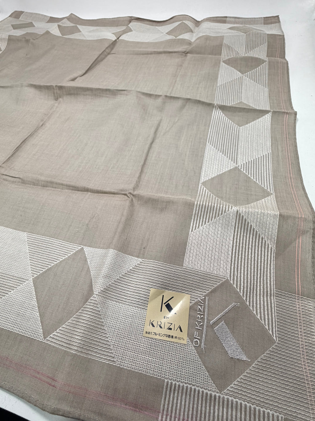 K of Krizia Geometric Border Scarf – Taupe & Ivory