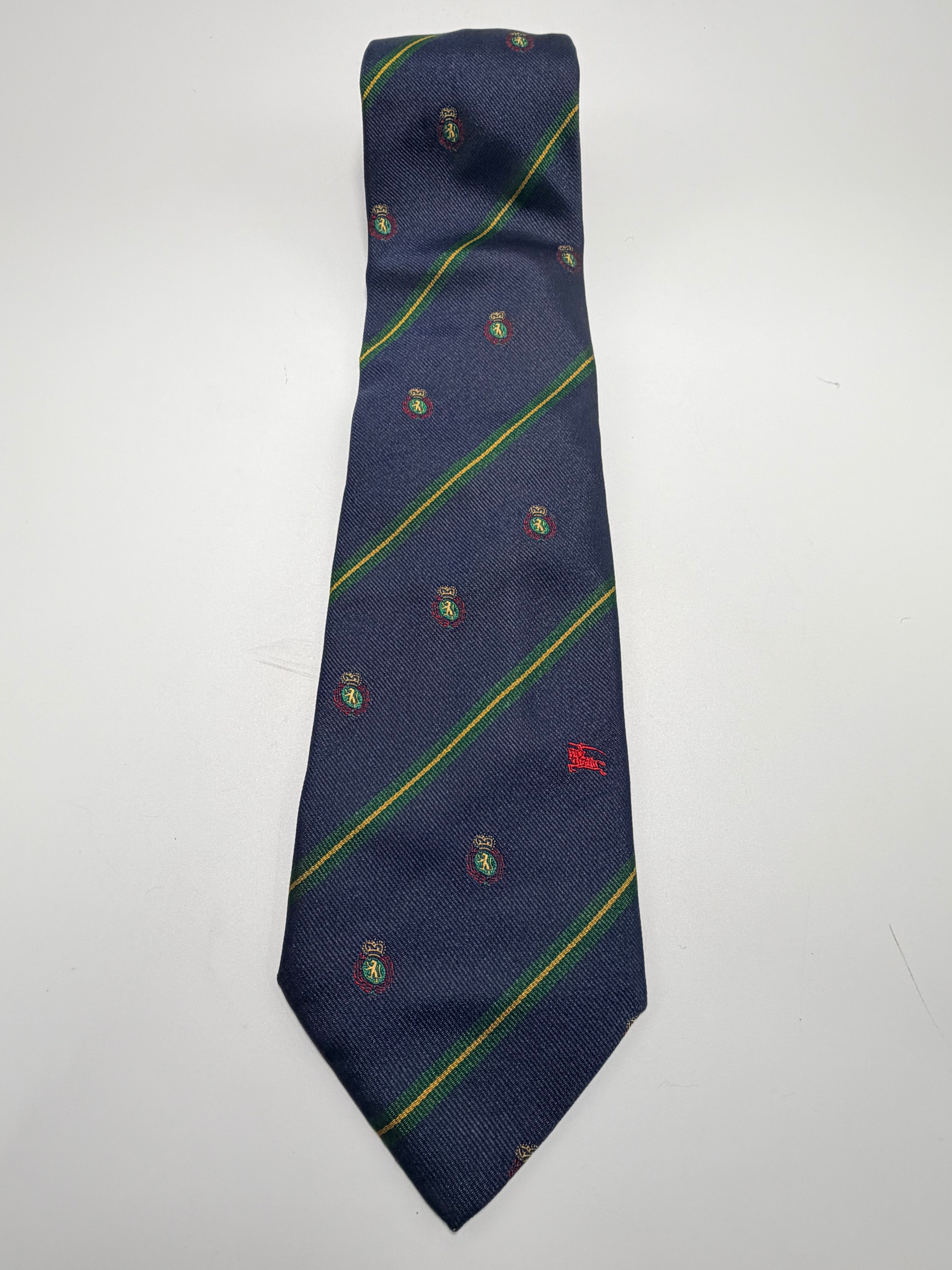 Burberrys Vintage Silk Tie – Navy Crest Stripe