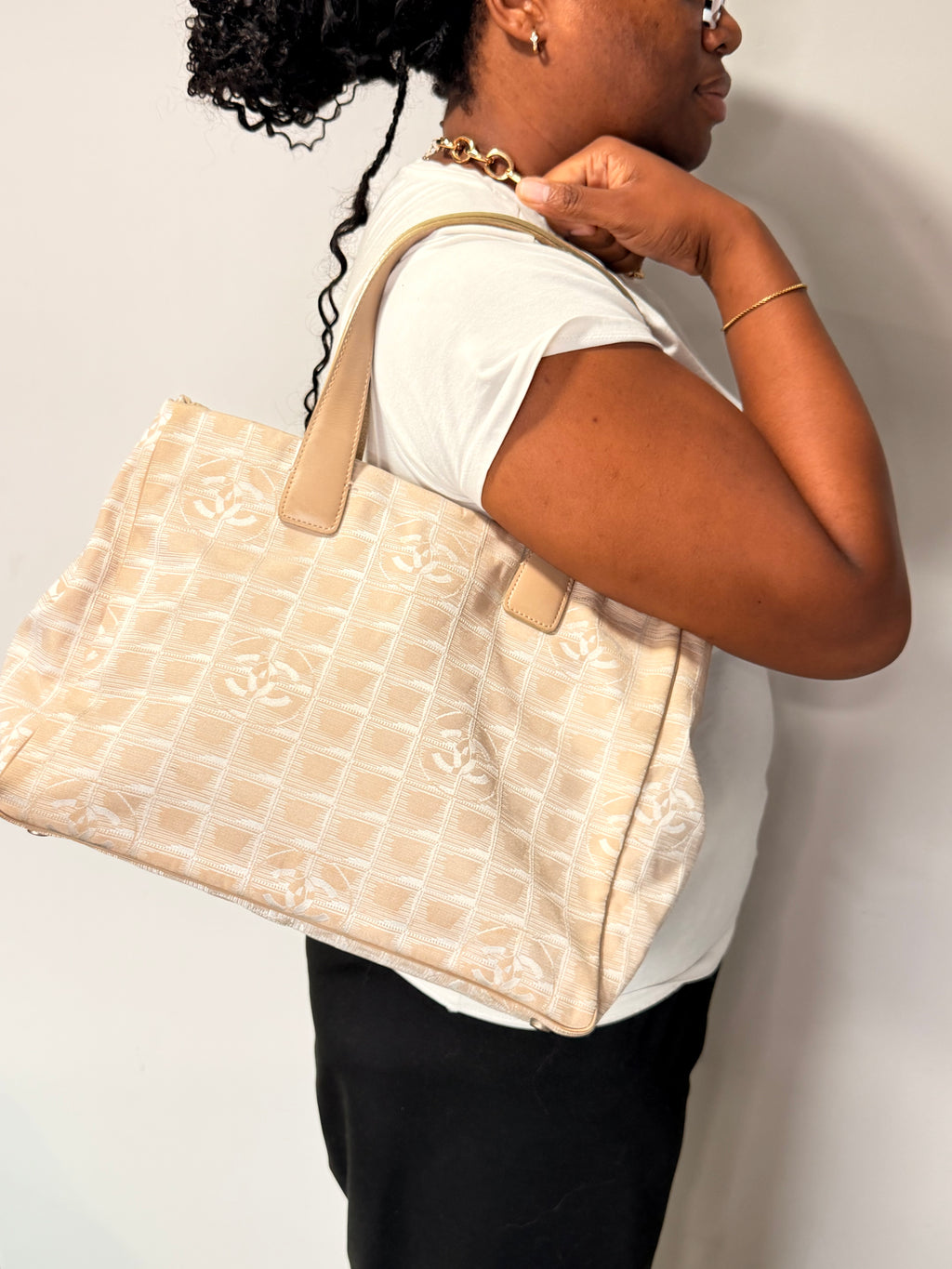 Chanel Vintage New Travel Line CC Jacquard Tote – Beige ( with Authenticity Card)