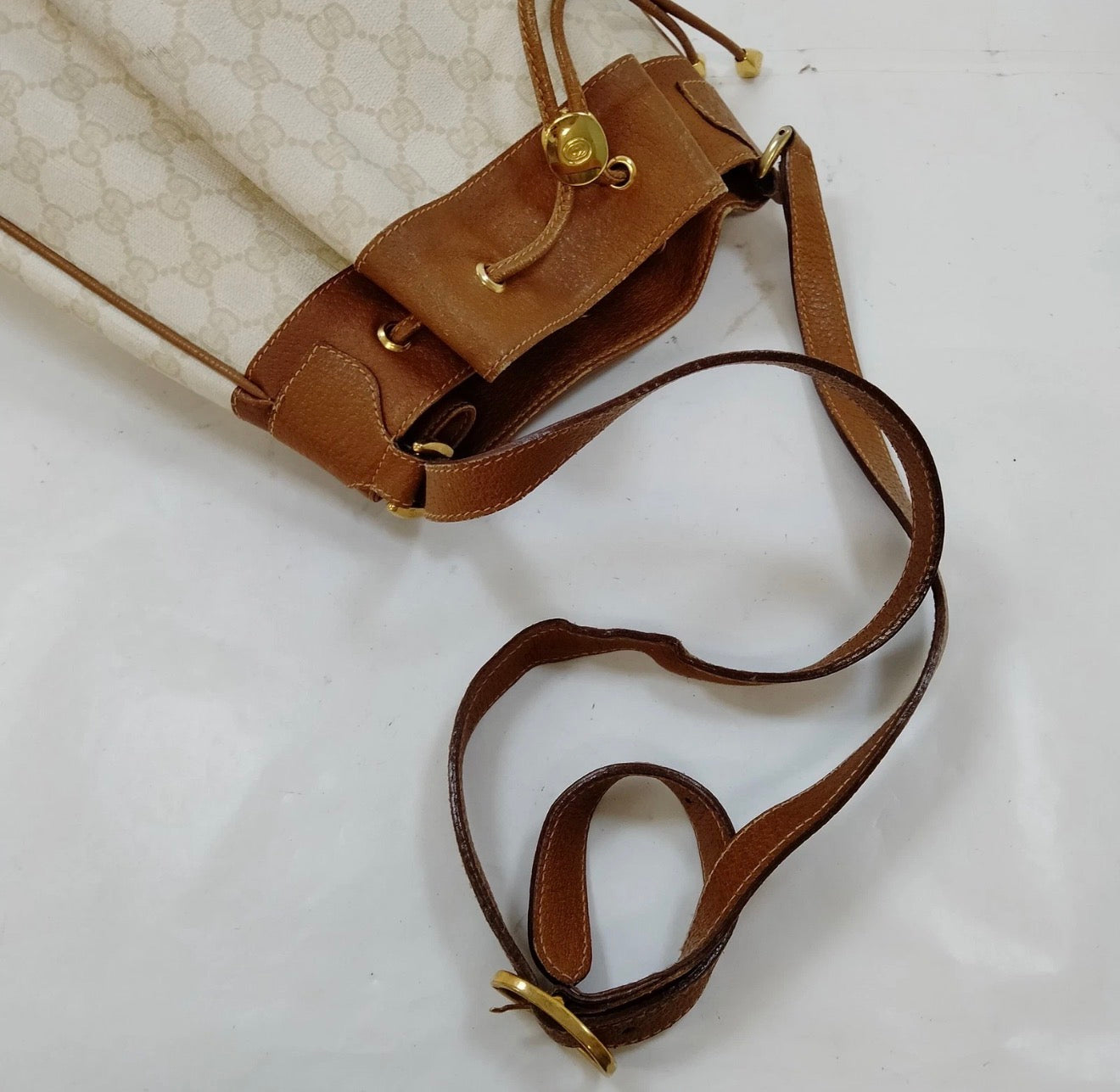 Gucci White GG Monogram Drawstring Bucket Bag