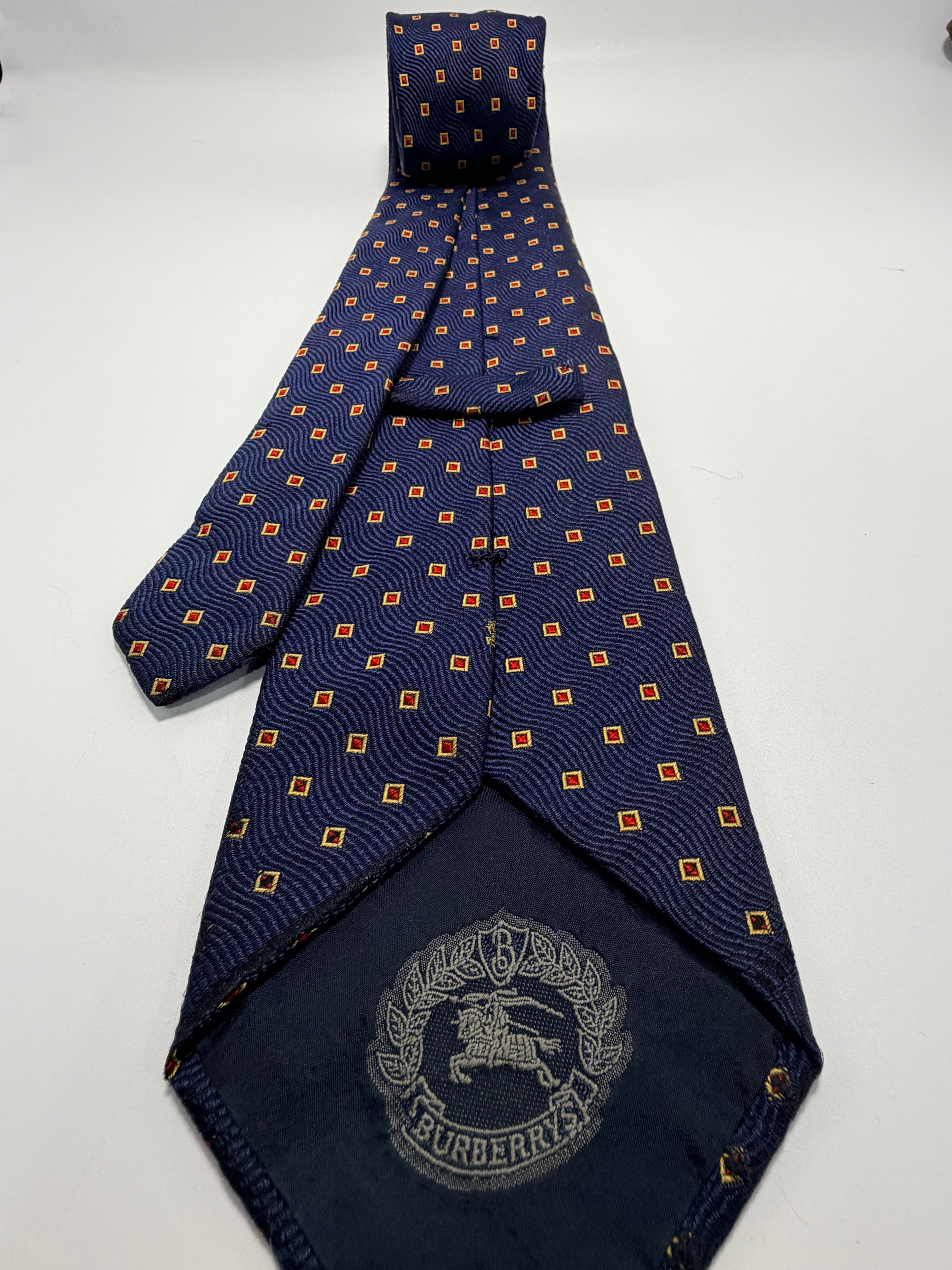 Burberry Silk Tie – Navy Micro Geometric with Knight Logo