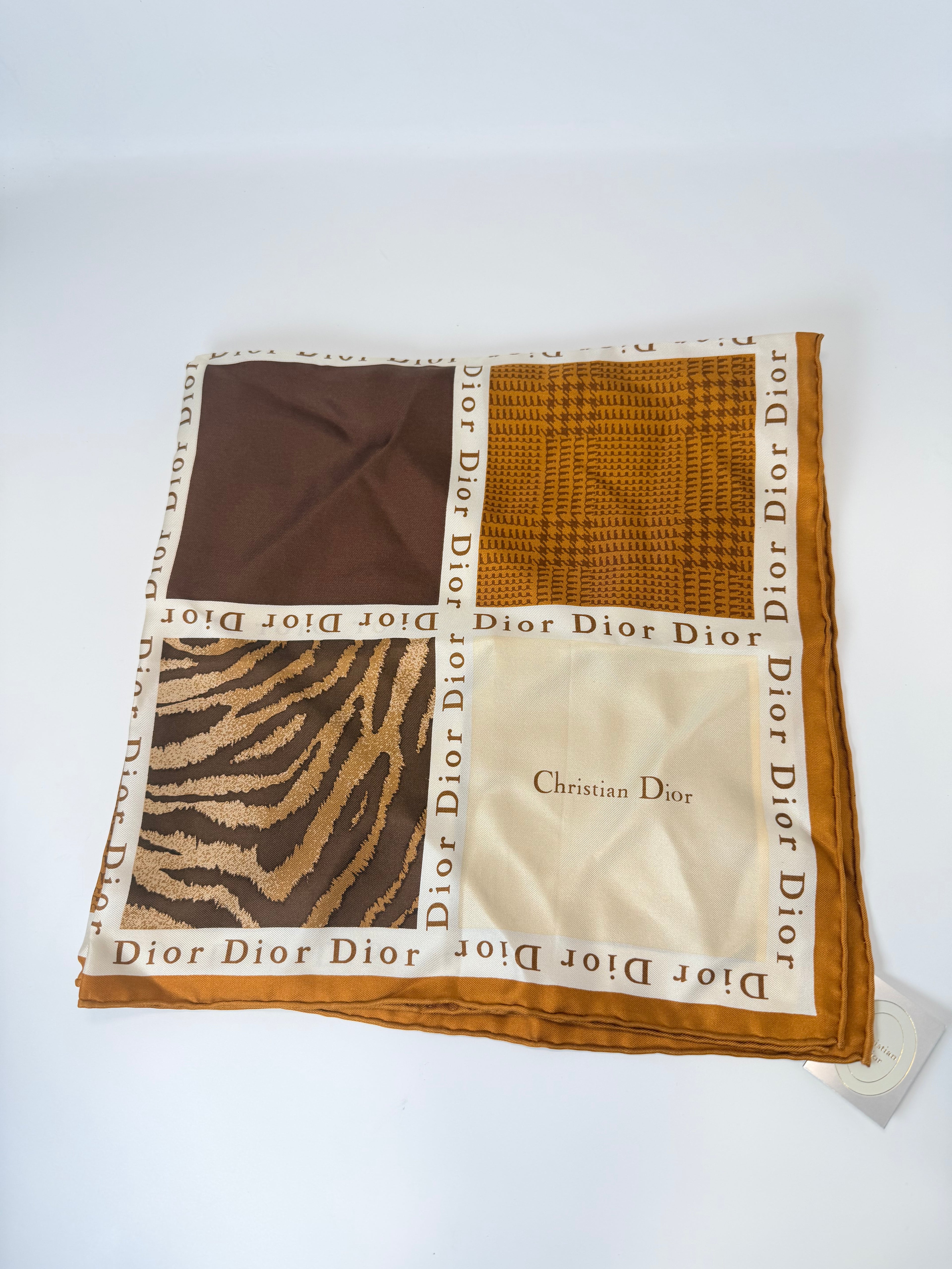 Christian Dior Silk Logo Patchwork Scarf — Brown Tones (With Tags)